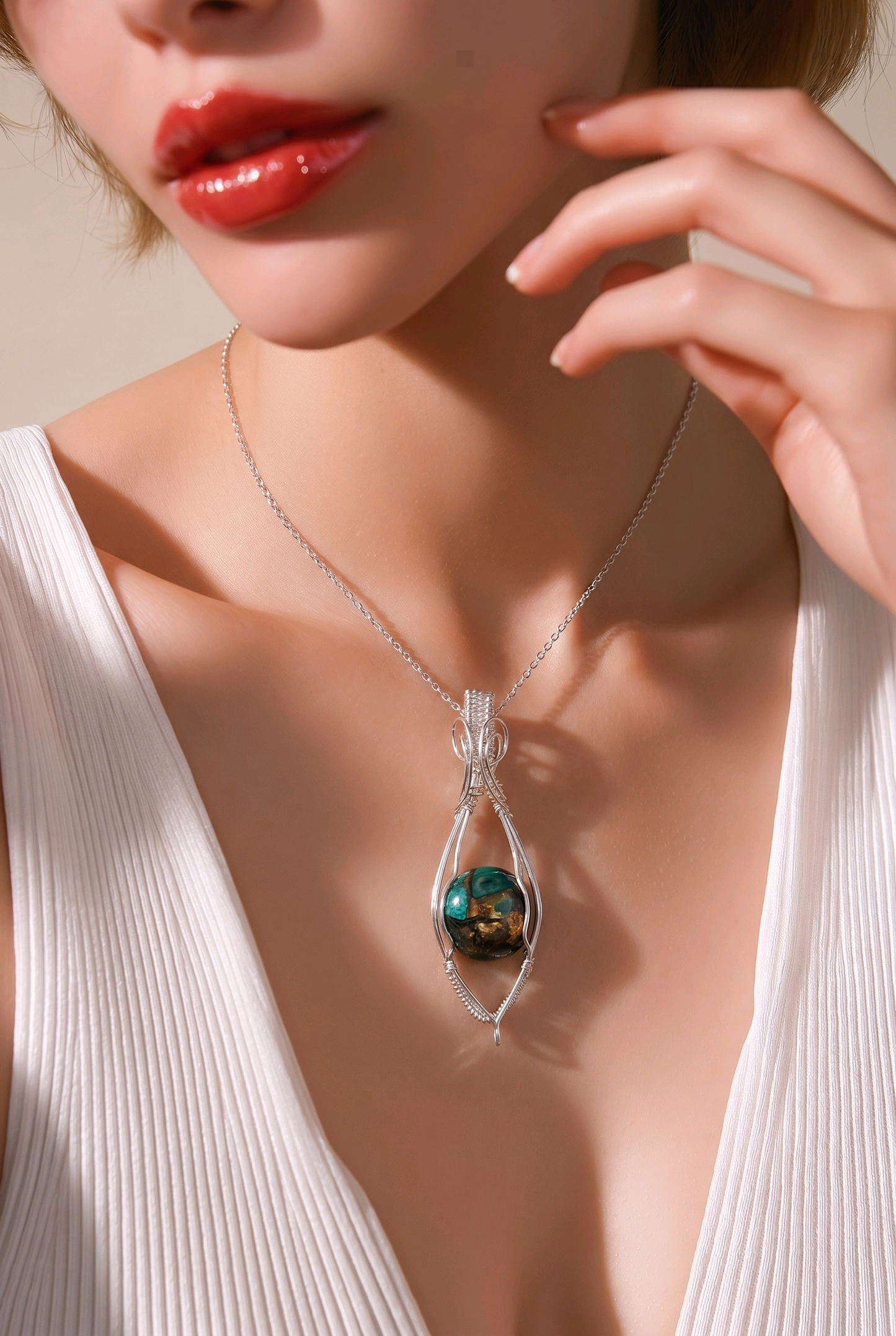 Handmade Copper Bornite & Sterling Silver Necklace. Grounding Crystal Pendant for Positive Energy
