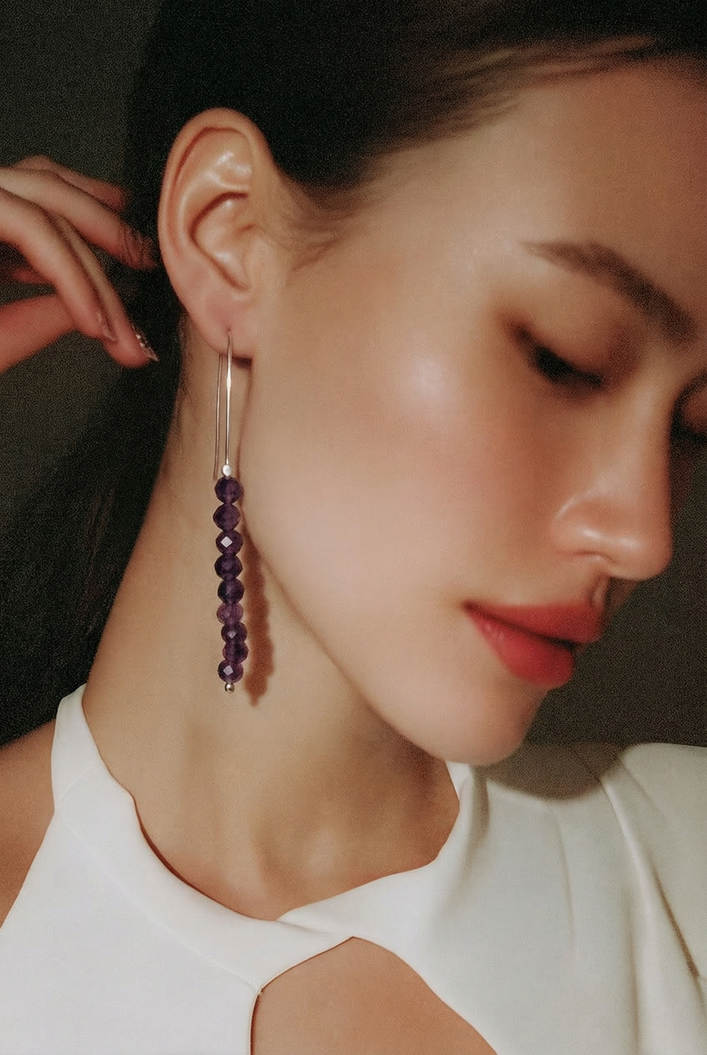 Amethyst Beaded Drop Earrings in Sterling Silver, Elegant Handmade Statement Jewellery