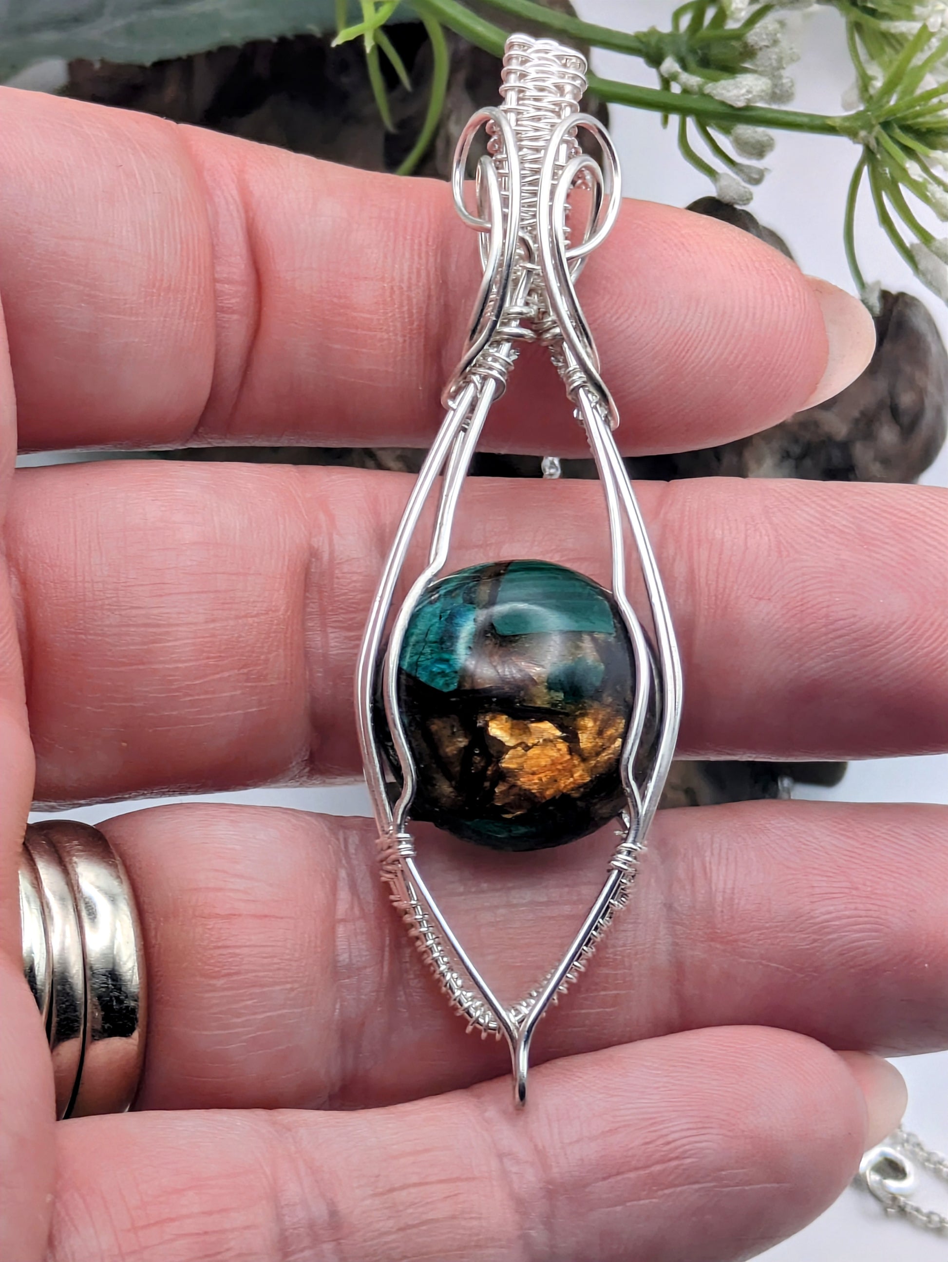 Copper Bornite handmade Sterling silver necklace wrapped beautifully shaped into a dewdrop and longer than three fingers 