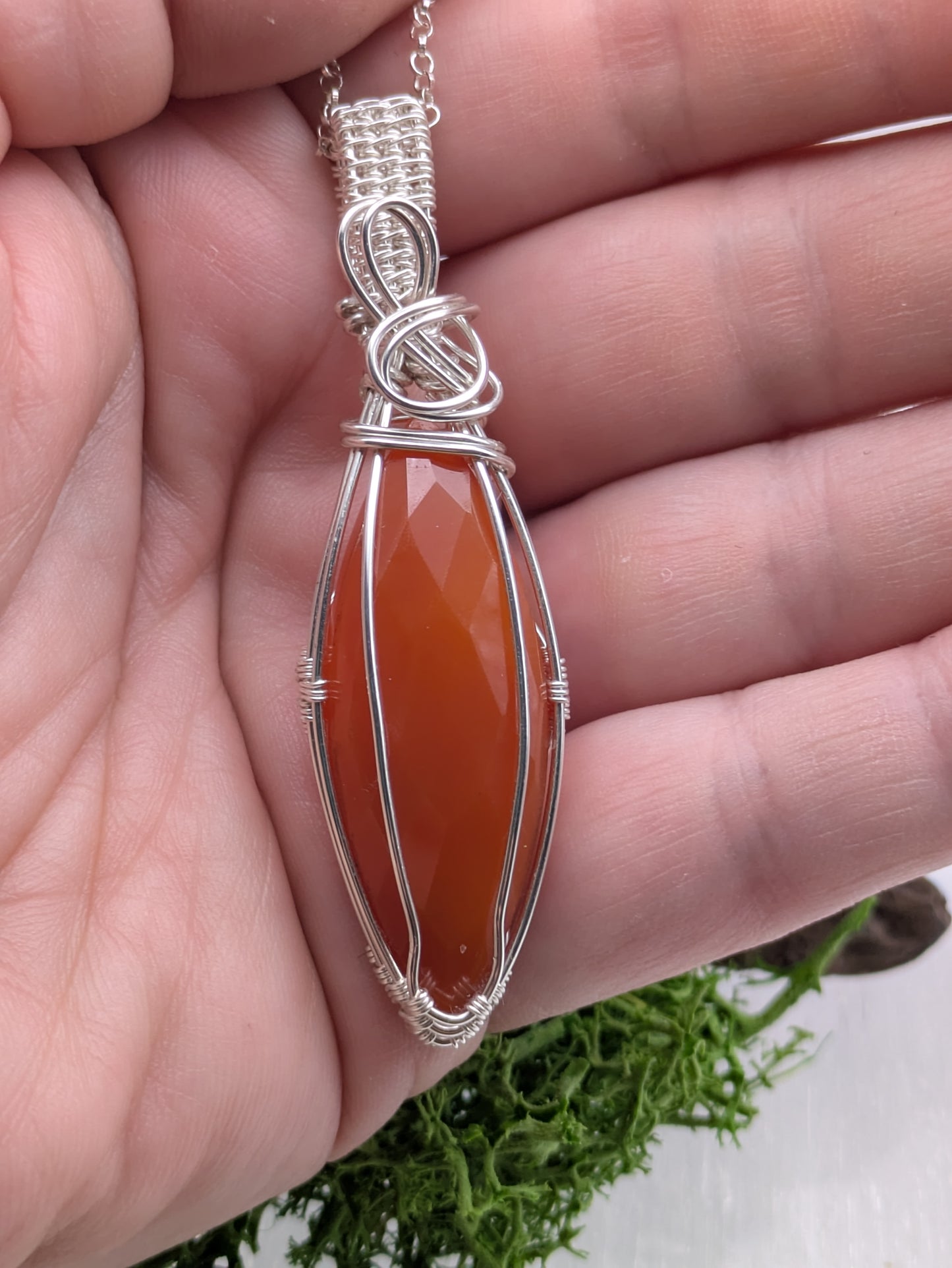 Faceted Marquis Carnelian Pendant,  Hand-Wrapped in Sterling Silver