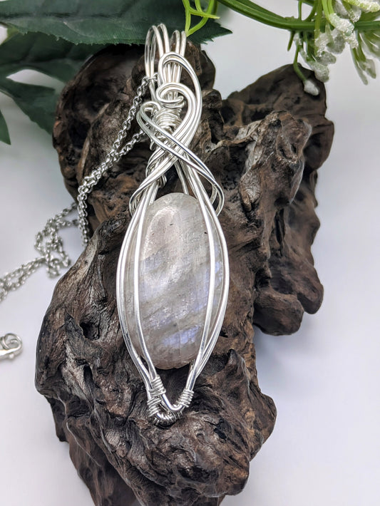 Handcrafted belomorite necklace in sterling silver designed to reflect intuition, feminine energy, and lunar light