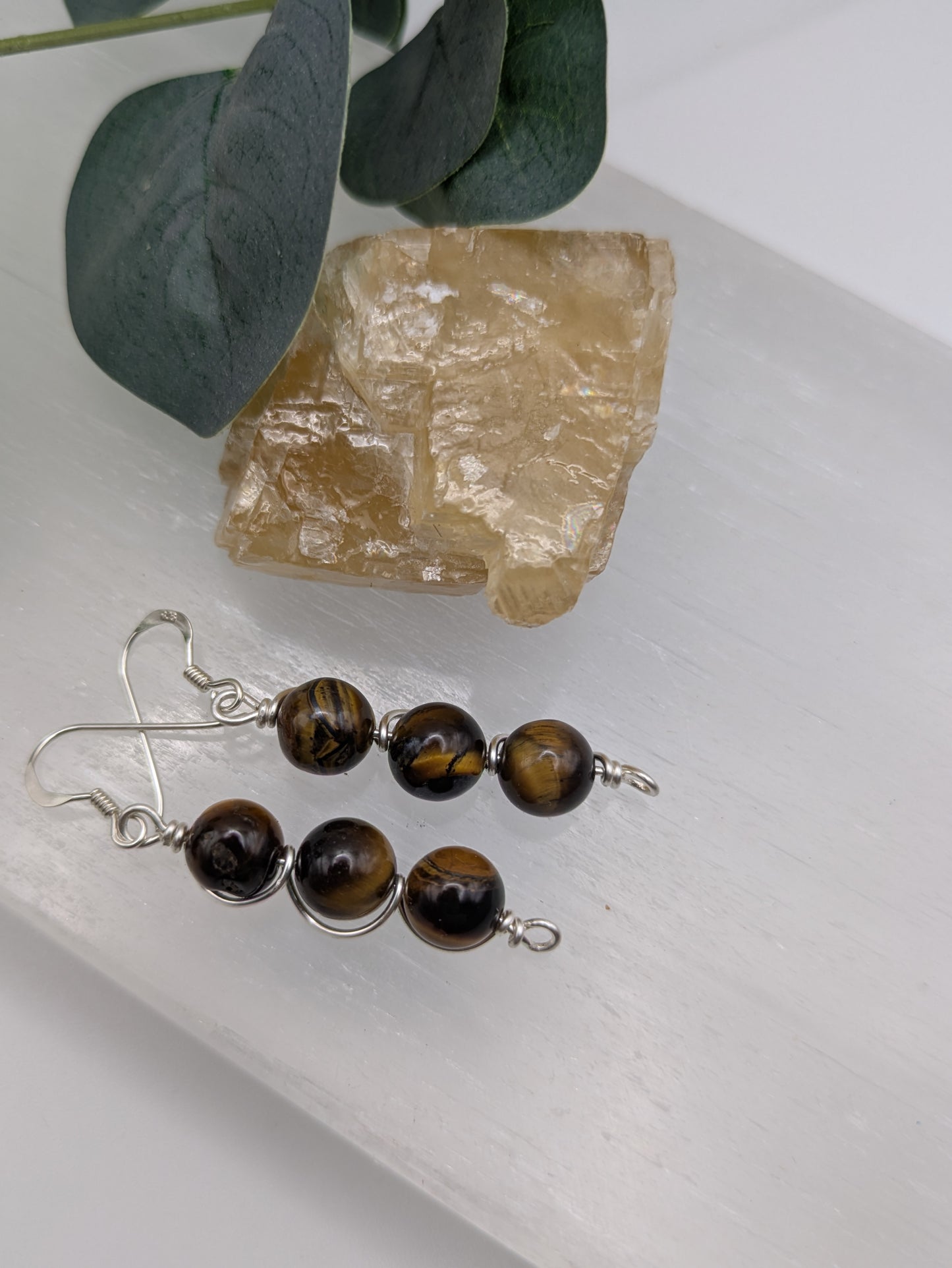 Triple Drop Tigers Eye Earrings, Silver Wrapped for Strength, Balance & Flow