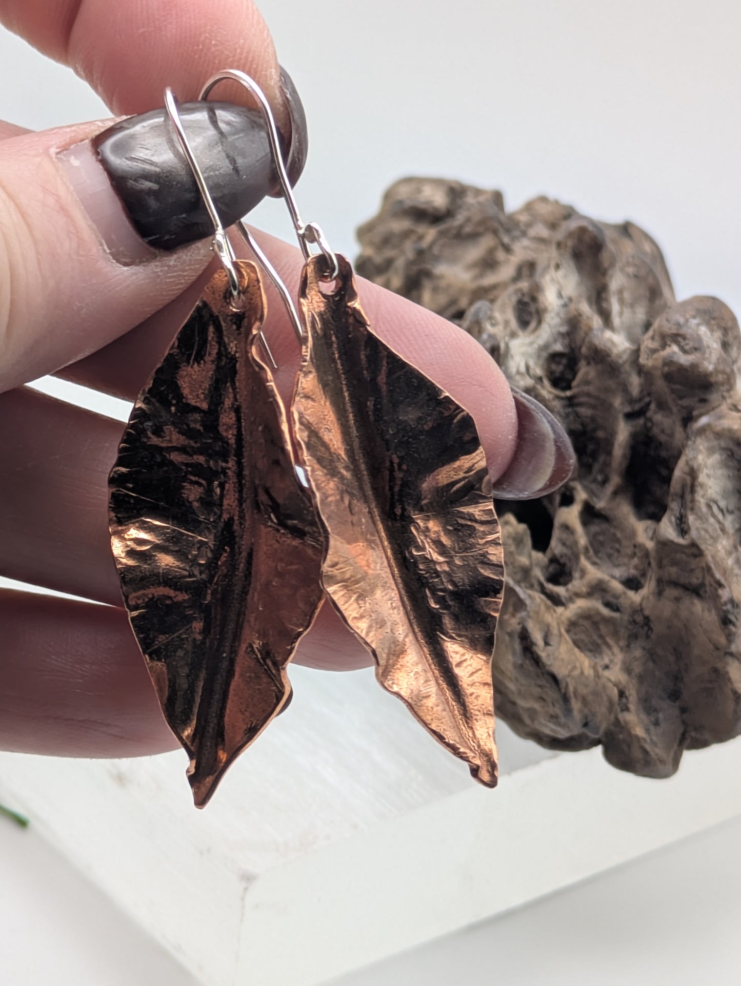 Handcrafted Copper Leaf Earrings,  Textured Nature Inspired Design, Sterling Silver Hooks