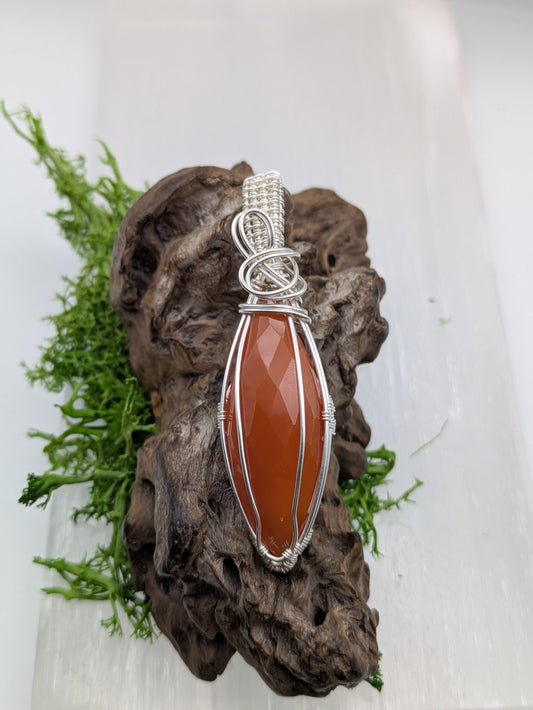 Faceted Marquis Carnelian Pendant,  Hand-Wrapped in Sterling Silver