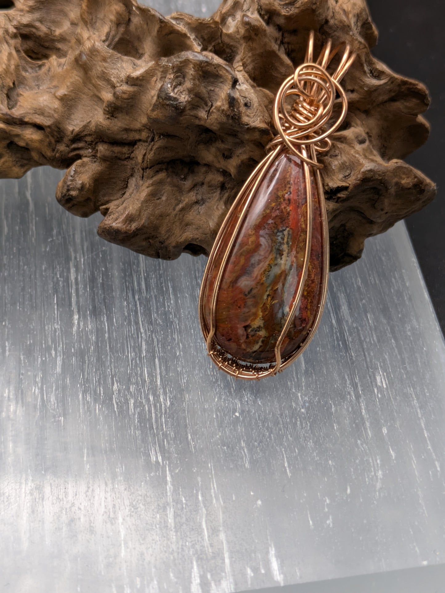 Bronze-Wrapped Red Moss Agate Pendant – Earthy Elegance & Grounding Energy