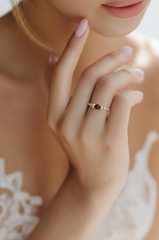 Garnet January Birthstone and Silver Ring, Handmade Stretch Ring