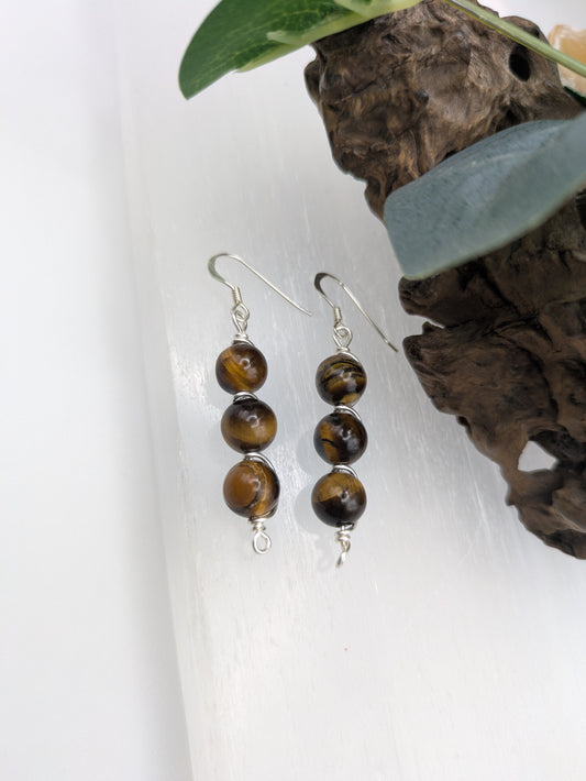 Triple Drop Tigers Eye Earrings, Silver Wrapped for Strength, Balance & Flow