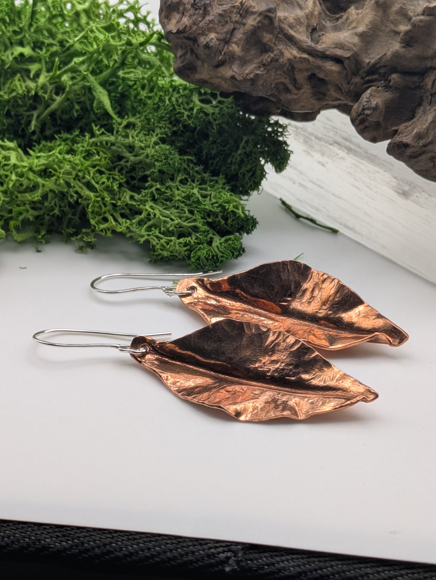 Handcrafted Copper Leaf Earrings,  Textured Nature Inspired Design, Sterling Silver Hooks