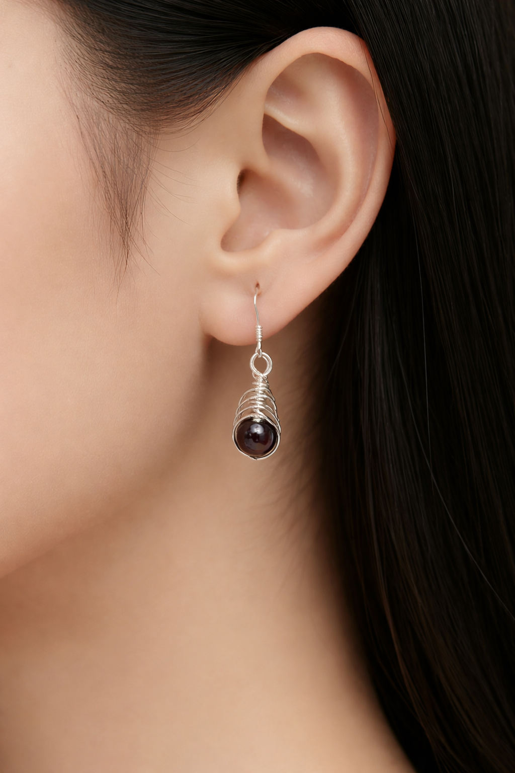 Garnet Gemstones and Silver Herringbone Wrapped Crystal Earrings, January Birthstone, Handcrafted Unique Gift.
