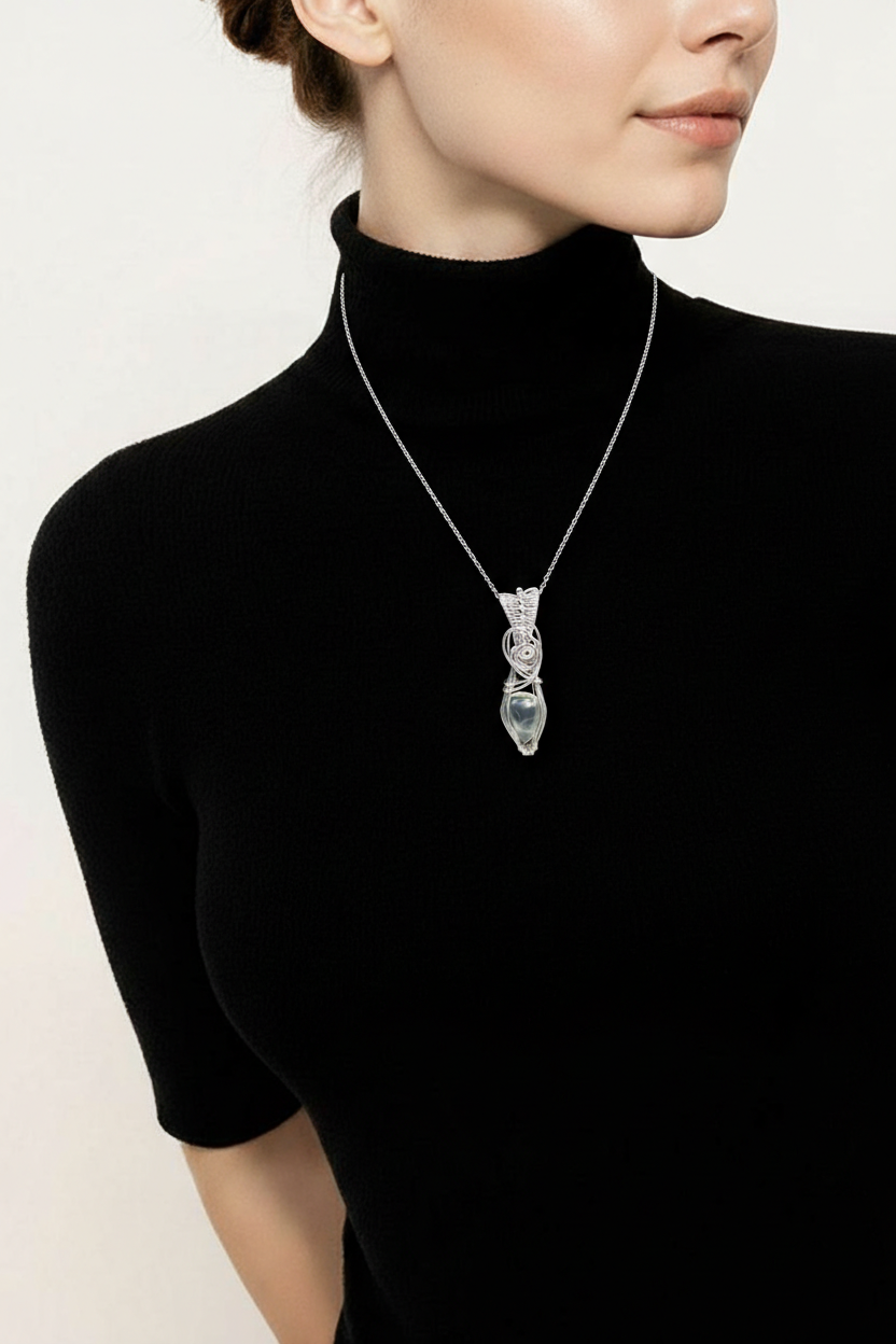 Prehnite Sterling Silver Pendant Necklace: Wire Wrapped Healing Crystal Jewellery
