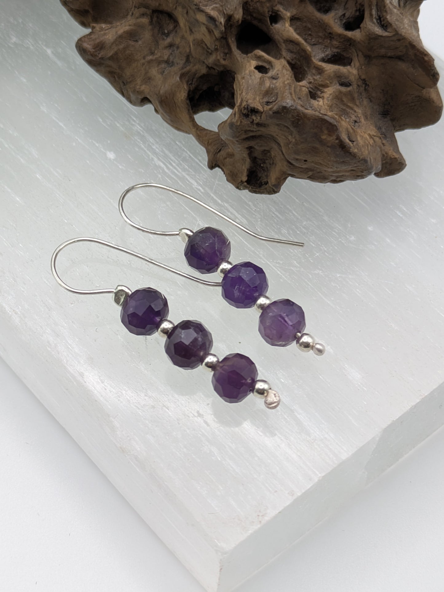 Amethyst Crystal Earrings,  Faceted Gemstones & Sterling Silver Hooks, Handmade in the UK