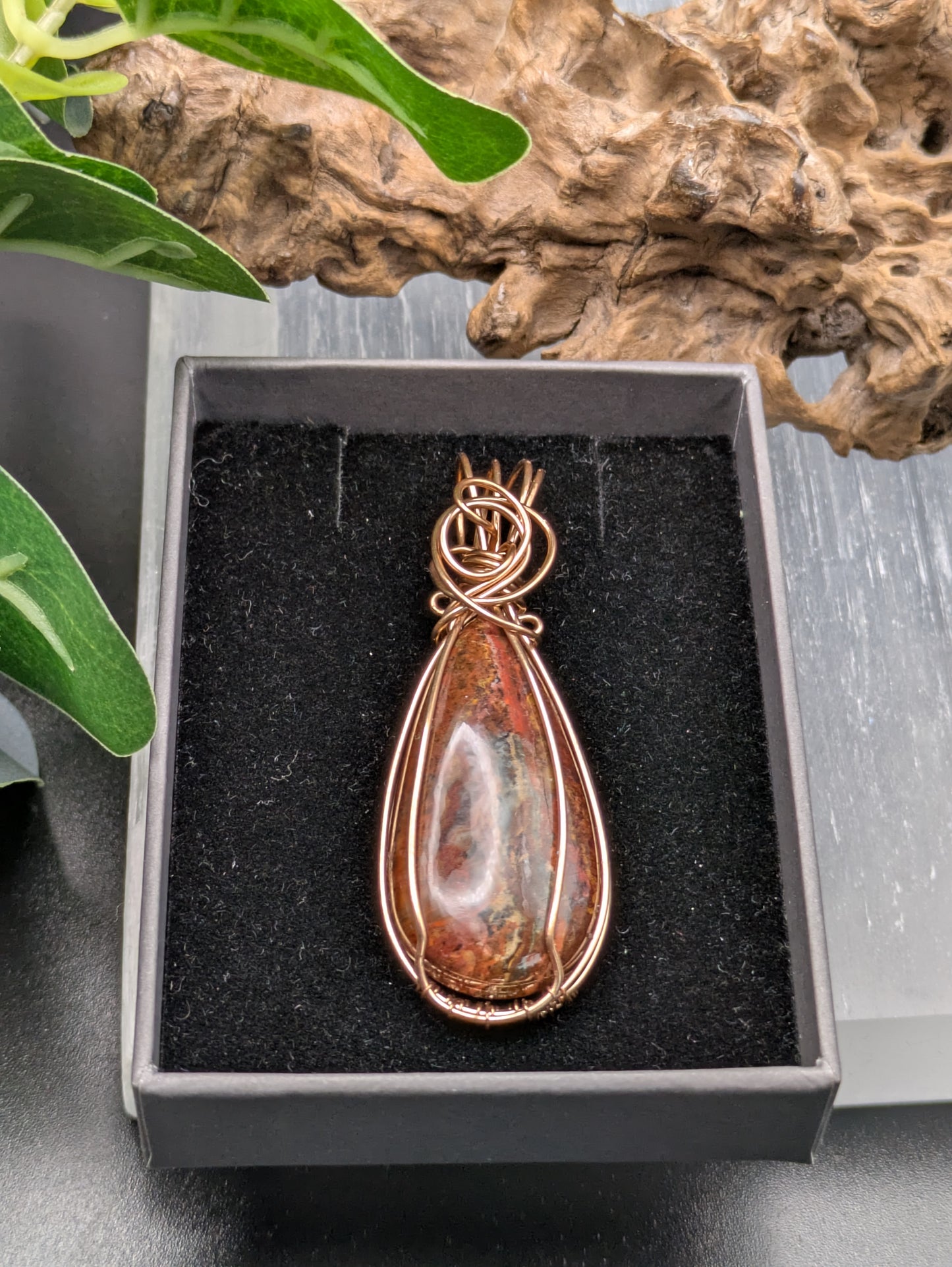 Bronze-Wrapped Red Moss Agate Pendant – Earthy Elegance & Grounding Energy