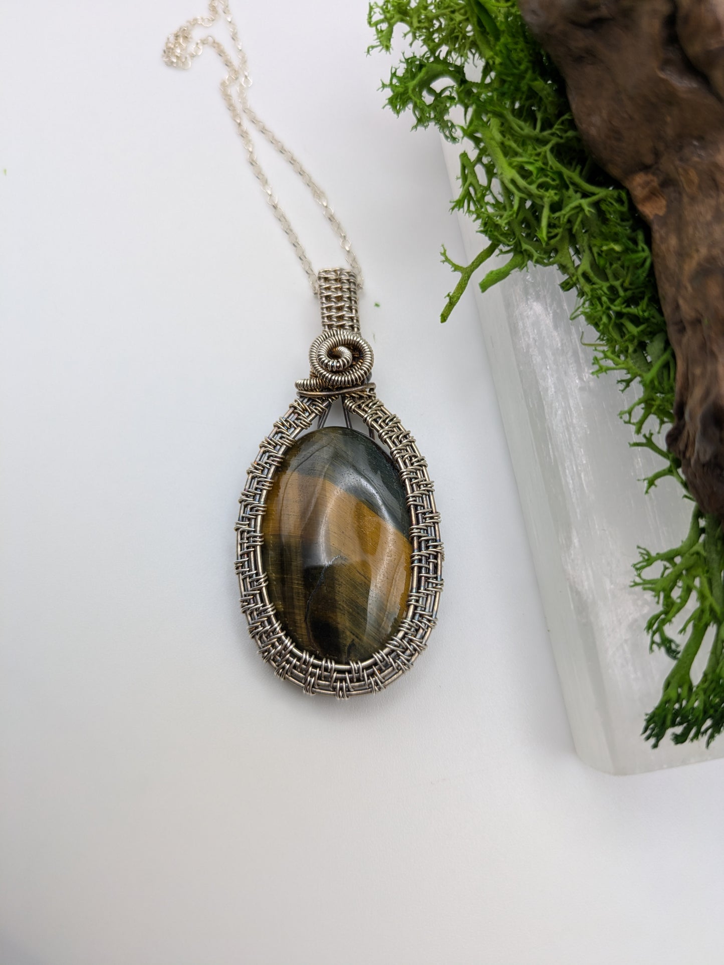 Antiqued Tiger’s Eye Pendant,  Hand-Wrapped in Sterling Silver