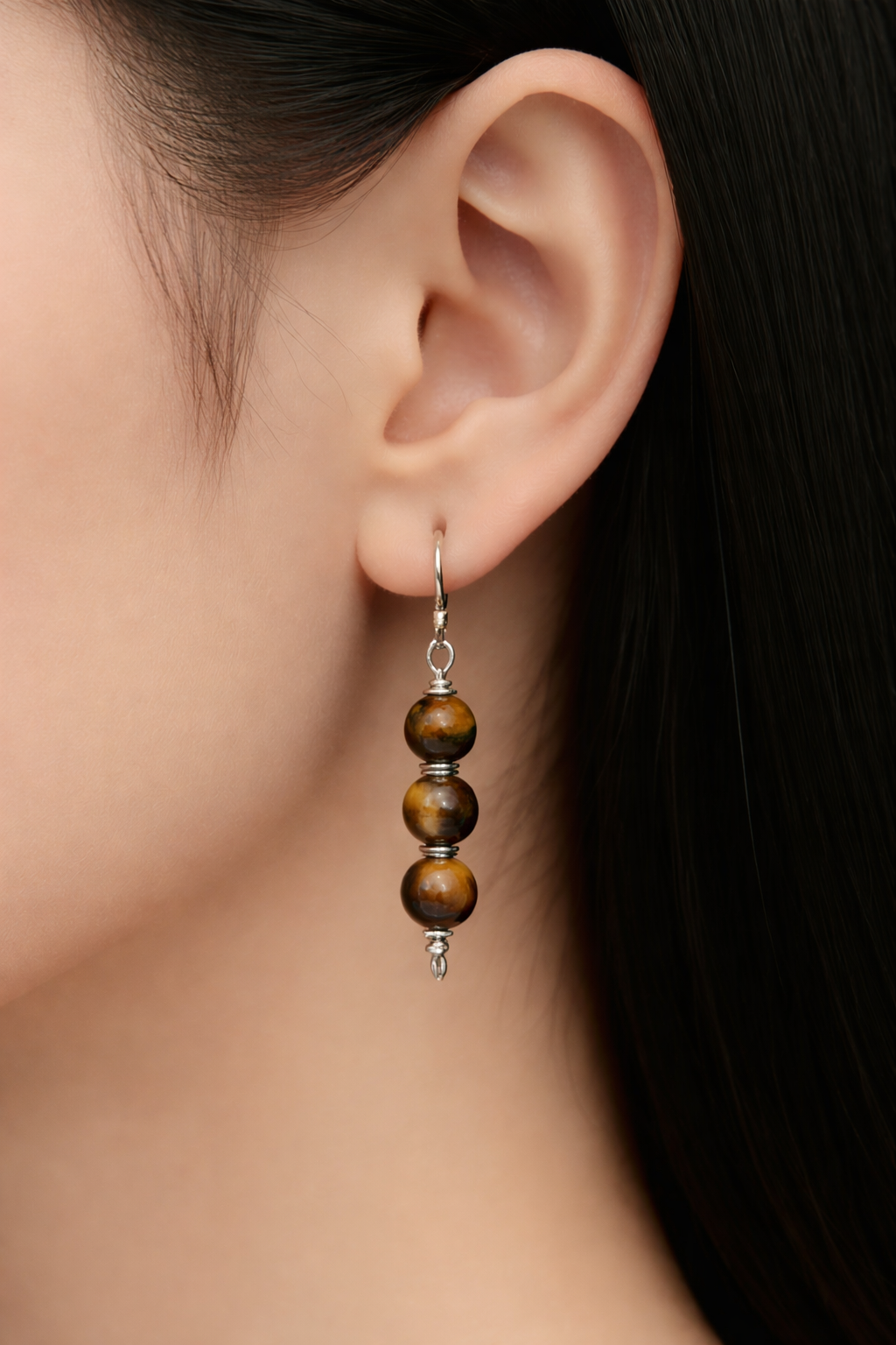 Triple Drop Tigers Eye Earrings, Silver Wrapped for Strength, Balance & Flow
