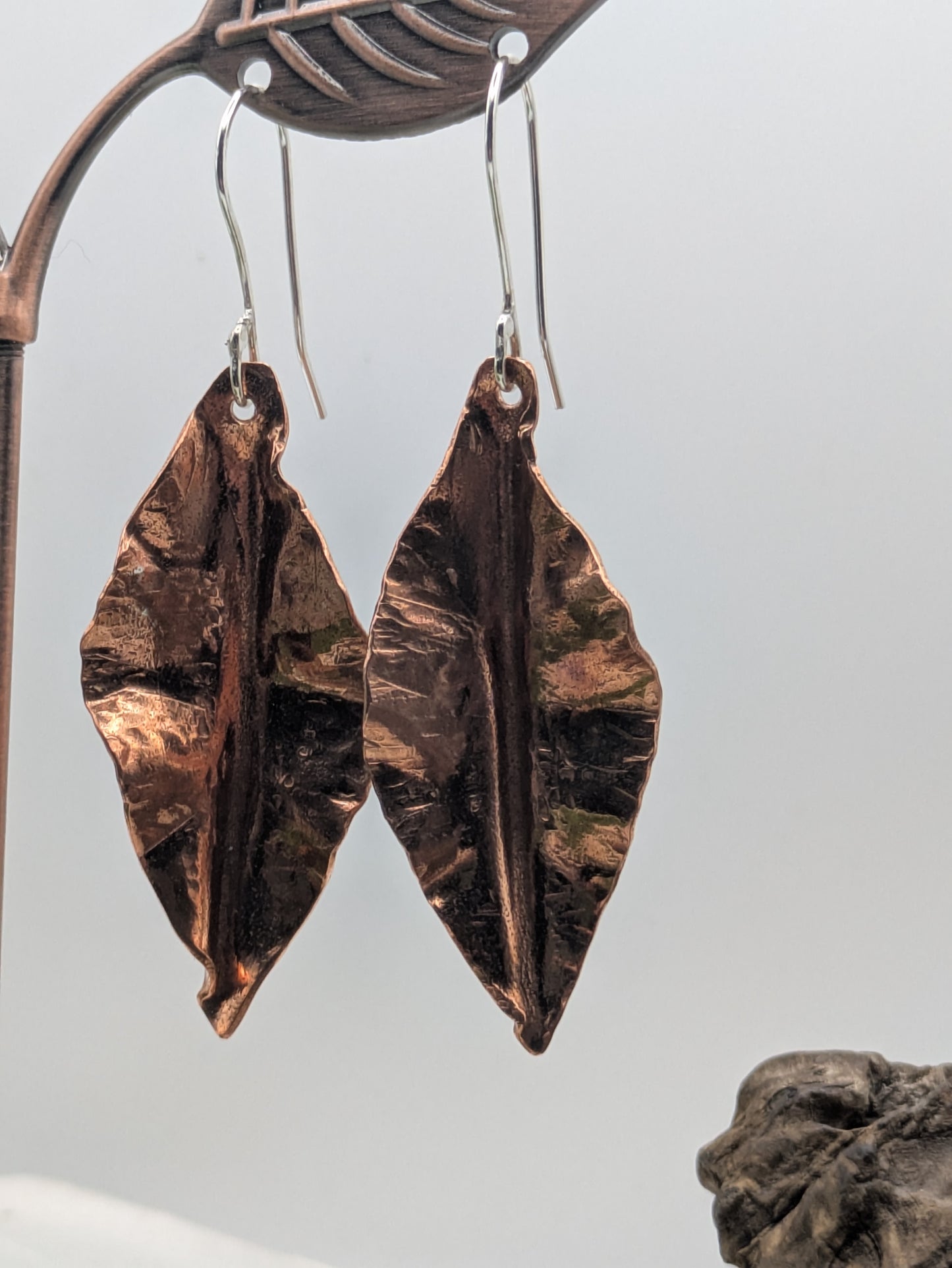 Handcrafted Copper Leaf Earrings,  Textured Nature Inspired Design, Sterling Silver Hooks