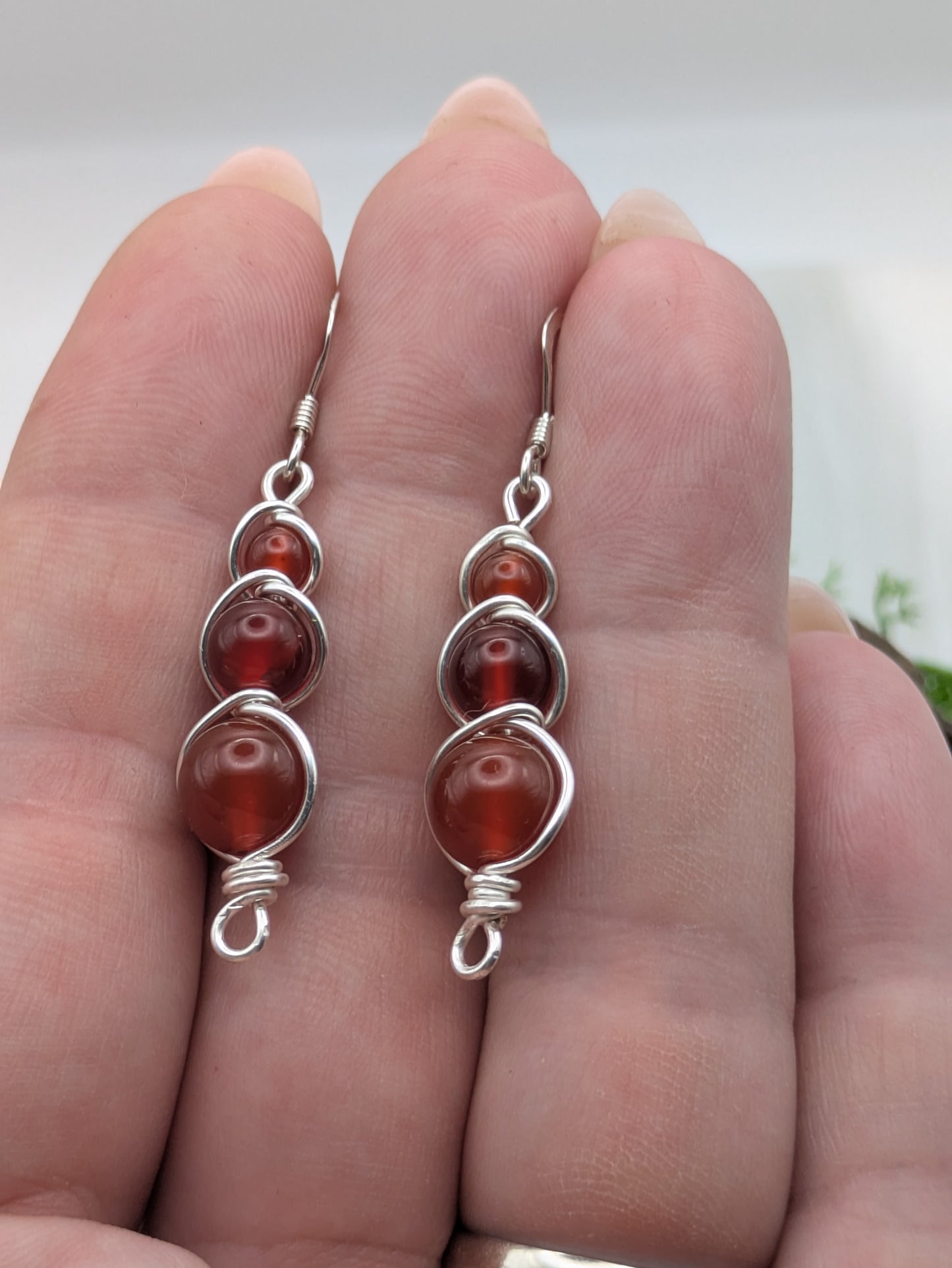 Triple Drop Carnelian Earrings,  Silver Wire-Wrapped Gemstone Dangles for Passion & Motivation
