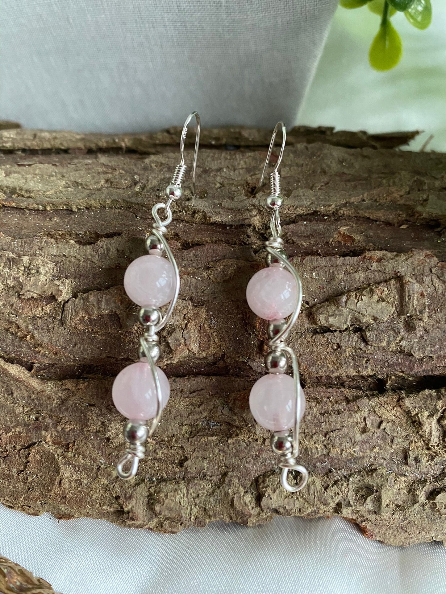 Rose Quartz Gemstone Silver Wrapped Crystal Earrings, Unique Handmade Earrings,