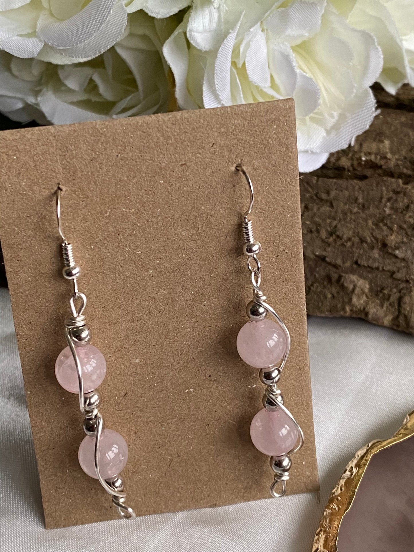 Rose Quartz Gemstone Silver Wrapped Crystal Earrings, Unique Handmade Earrings,