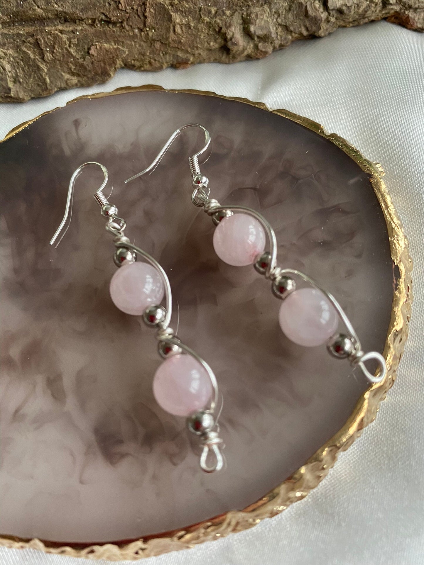 Rose Quartz Gemstone Silver Wrapped Crystal Earrings, Unique Handmade Earrings,