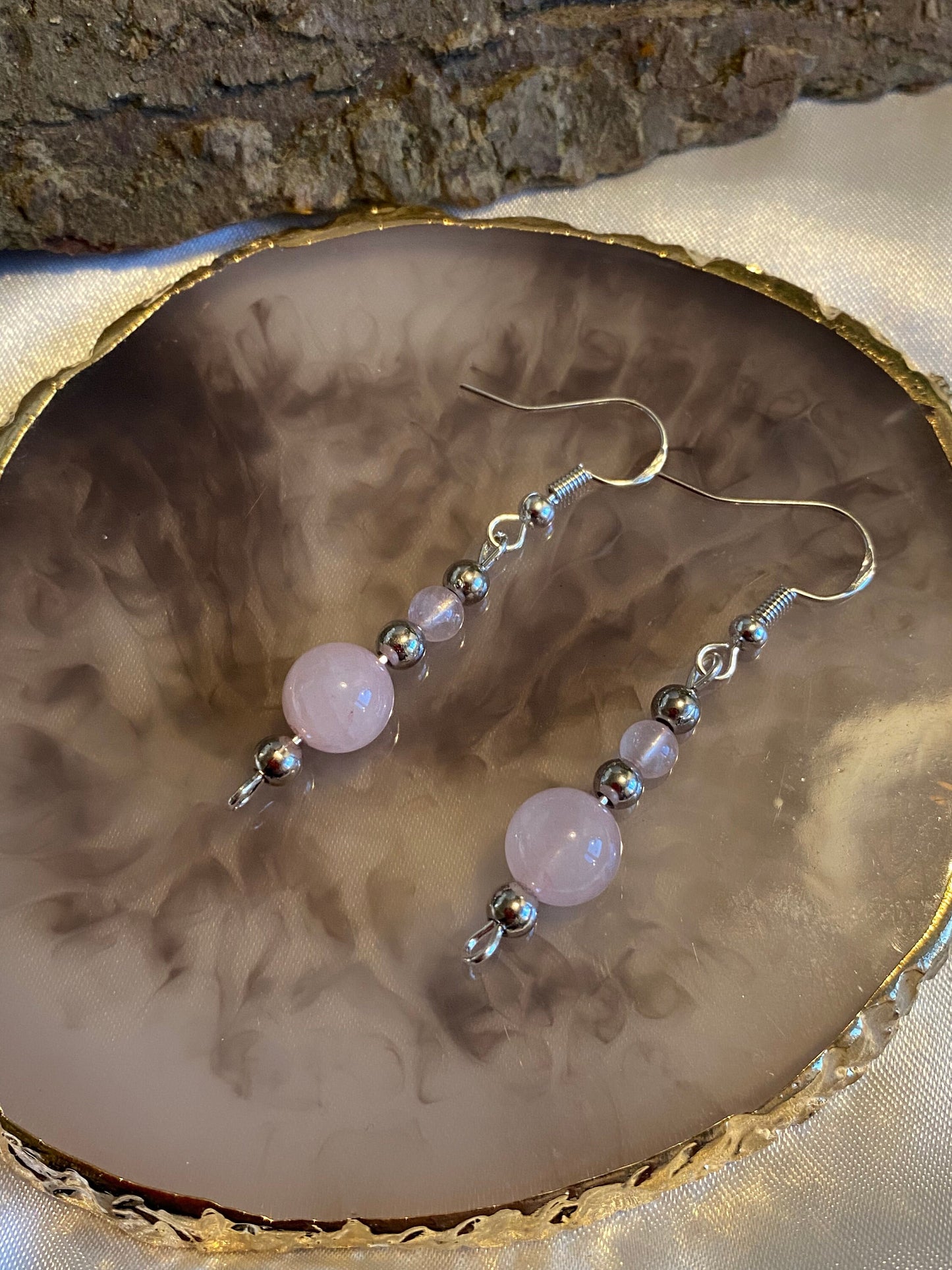 Pink Rose Quartz Gemstone and Silver Crystal  Earrings, Unique Handmade Gift,