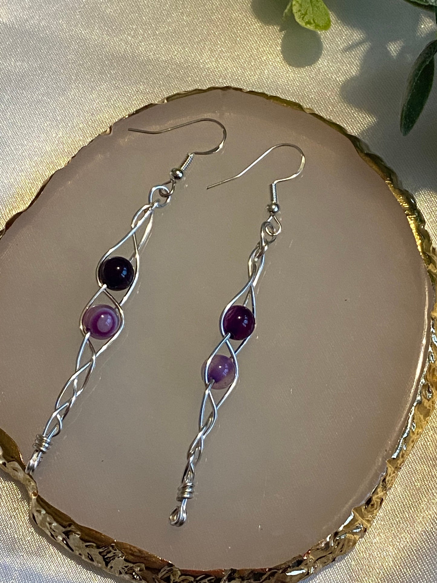 Purple Lace Agate Gemstone Wire Braided Silver Crystal Earrings, Unique Handmade Gift,