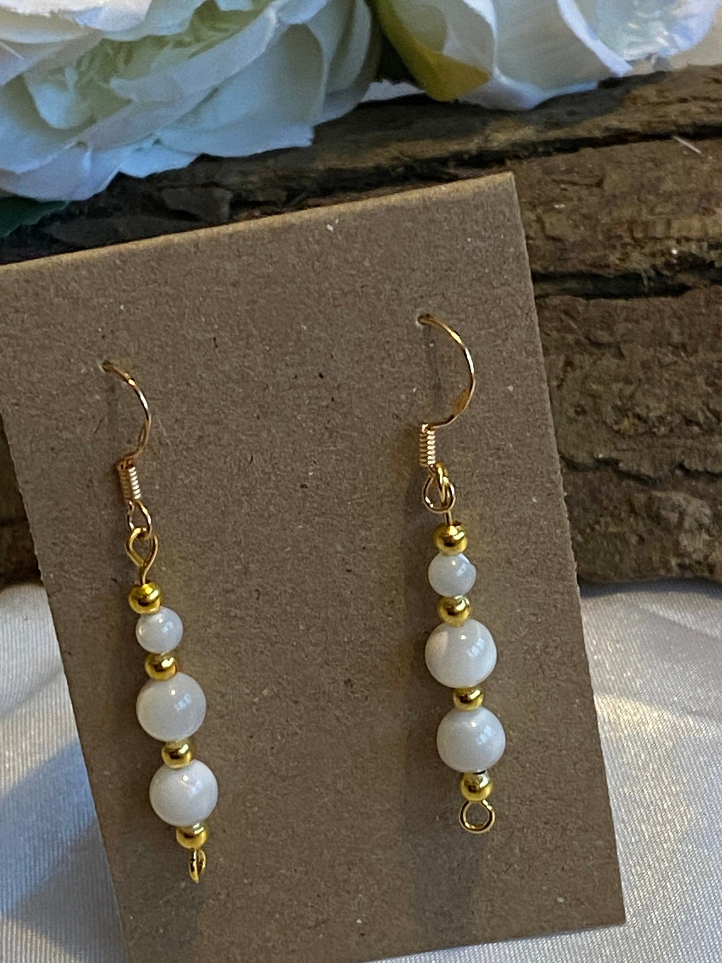 Mother of Pearl Gemstone and Gold Crystal Earrings, Unique Handmade Gemstone Gift,