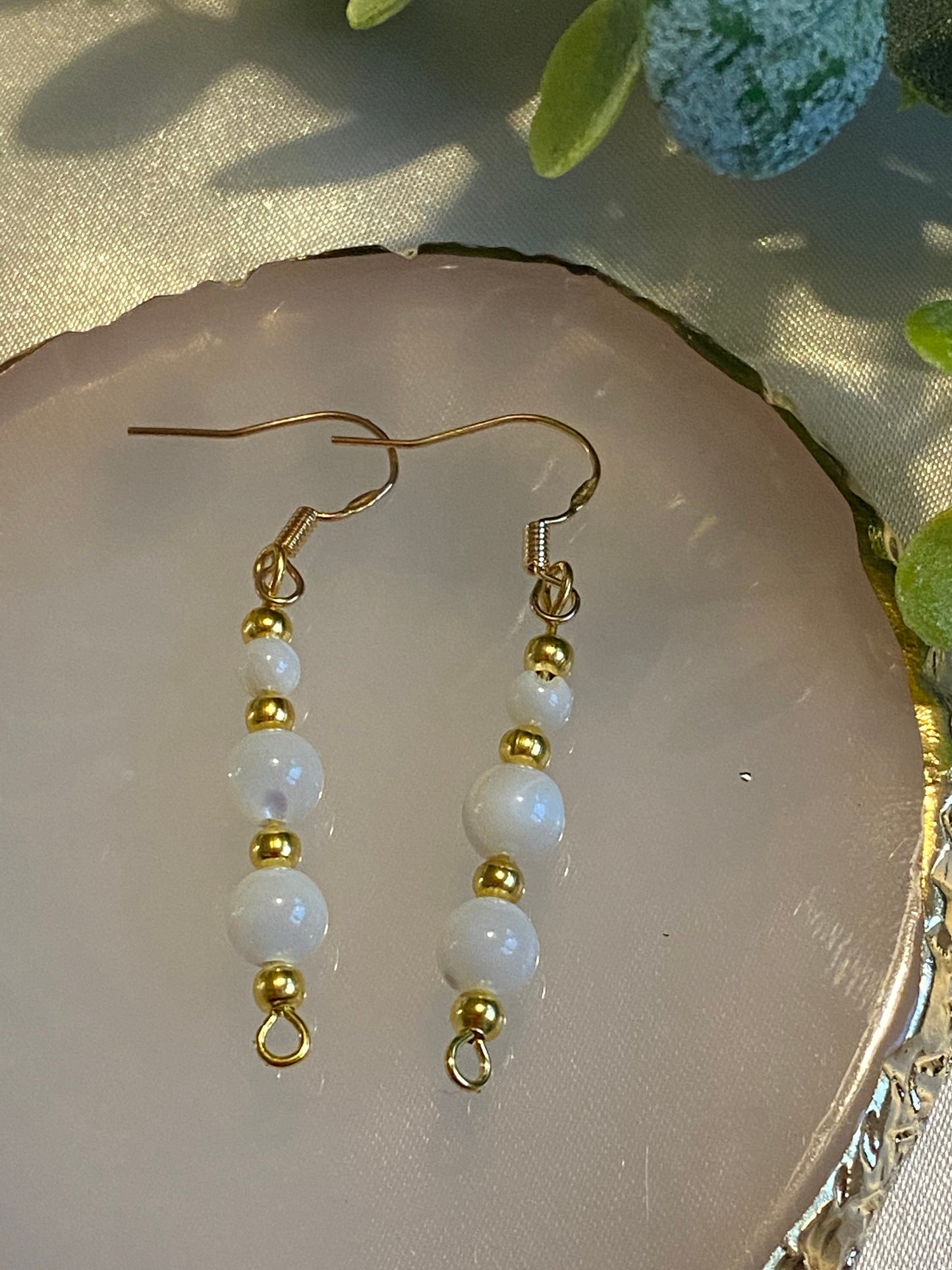 Mother of Pearl Gemstone and Gold Crystal Earrings, Unique Handmade Gemstone Gift,