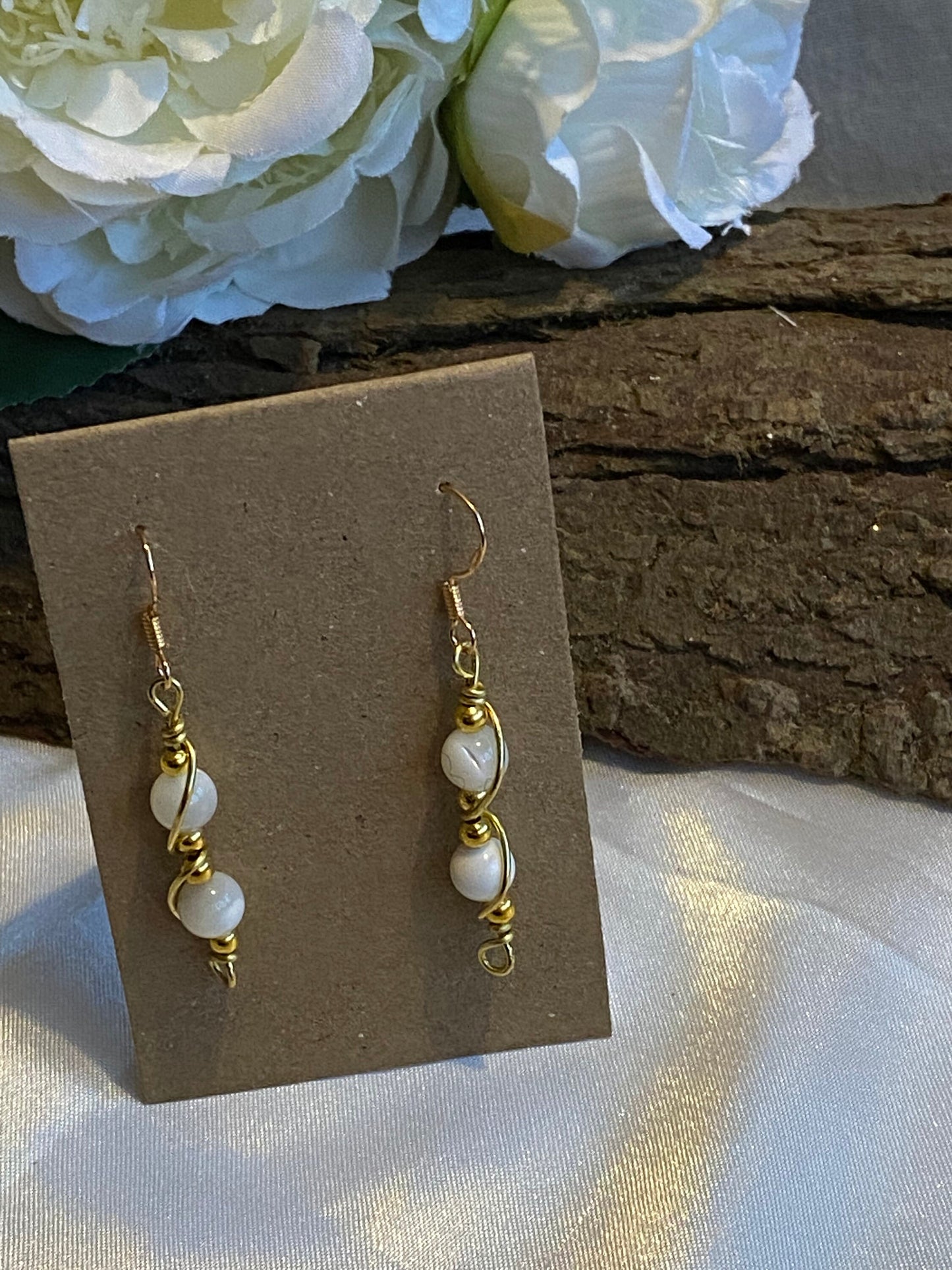 Mother of Pearl Gemstone and Gold Wrapped Crystal Earrings, Unique Handmade Gift,