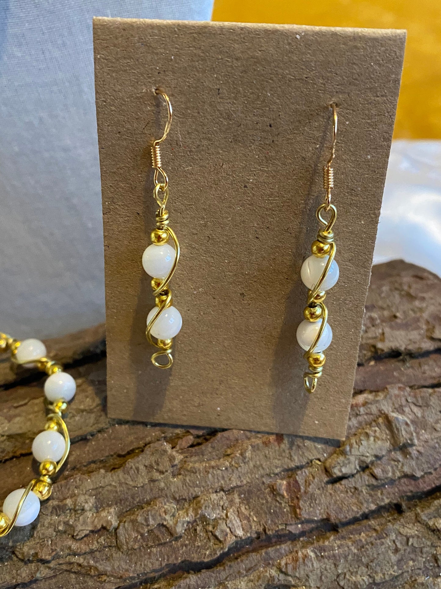 Mother of Pearl Gemstone and Gold Wrapped Crystal Earrings, Unique Handmade Gift,