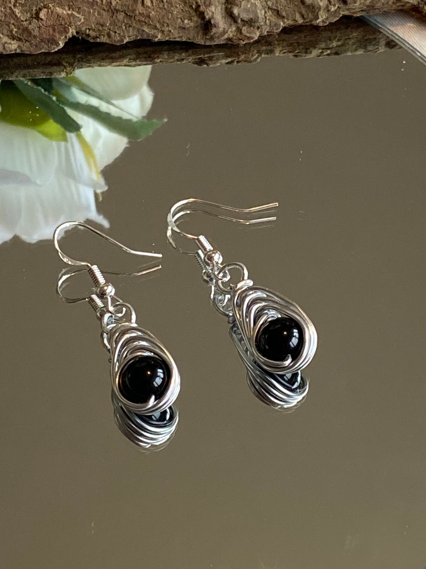 Onyx Gemstone and Silver Herringbone Wrapped Crystal Earrings, Unique Handmade Gift,