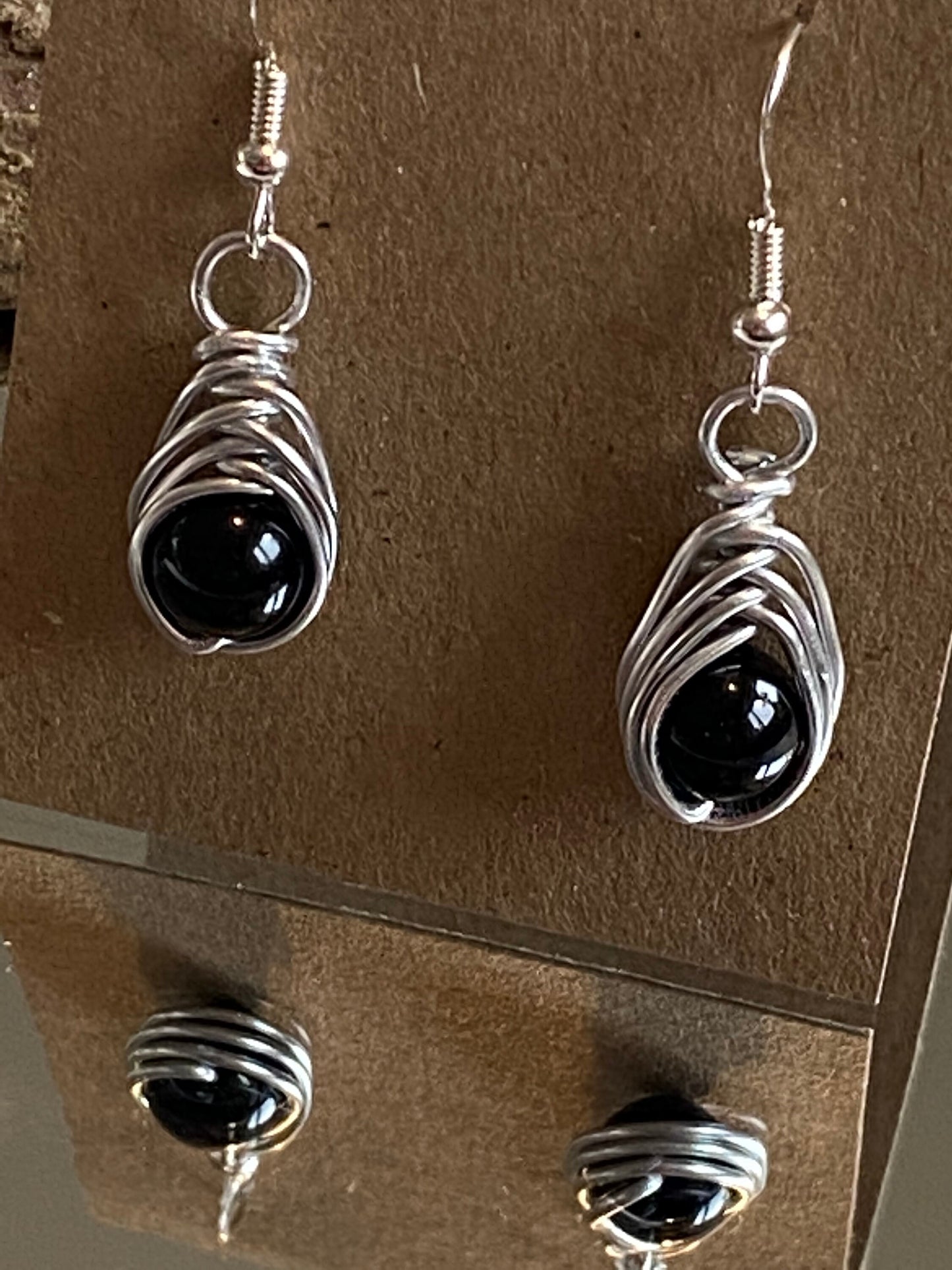 Onyx Gemstone and Silver Herringbone Wrapped Crystal Earrings, Unique Handmade Gift,