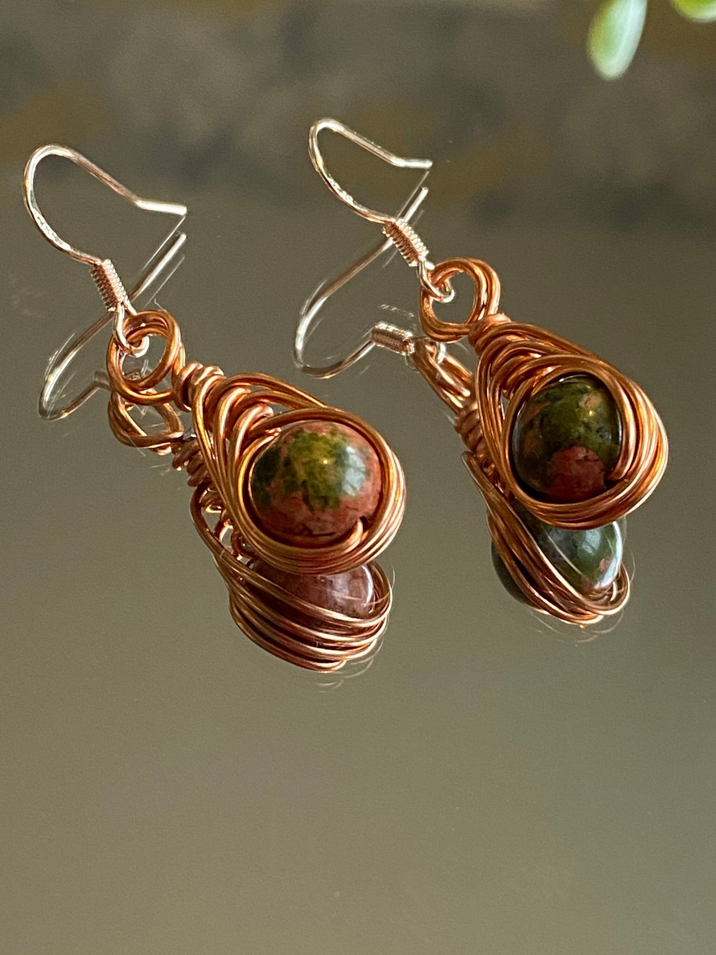 Unakite Gemstone Herringbone Wrapped Crystal Earrings, Unique Handmade Earrings,