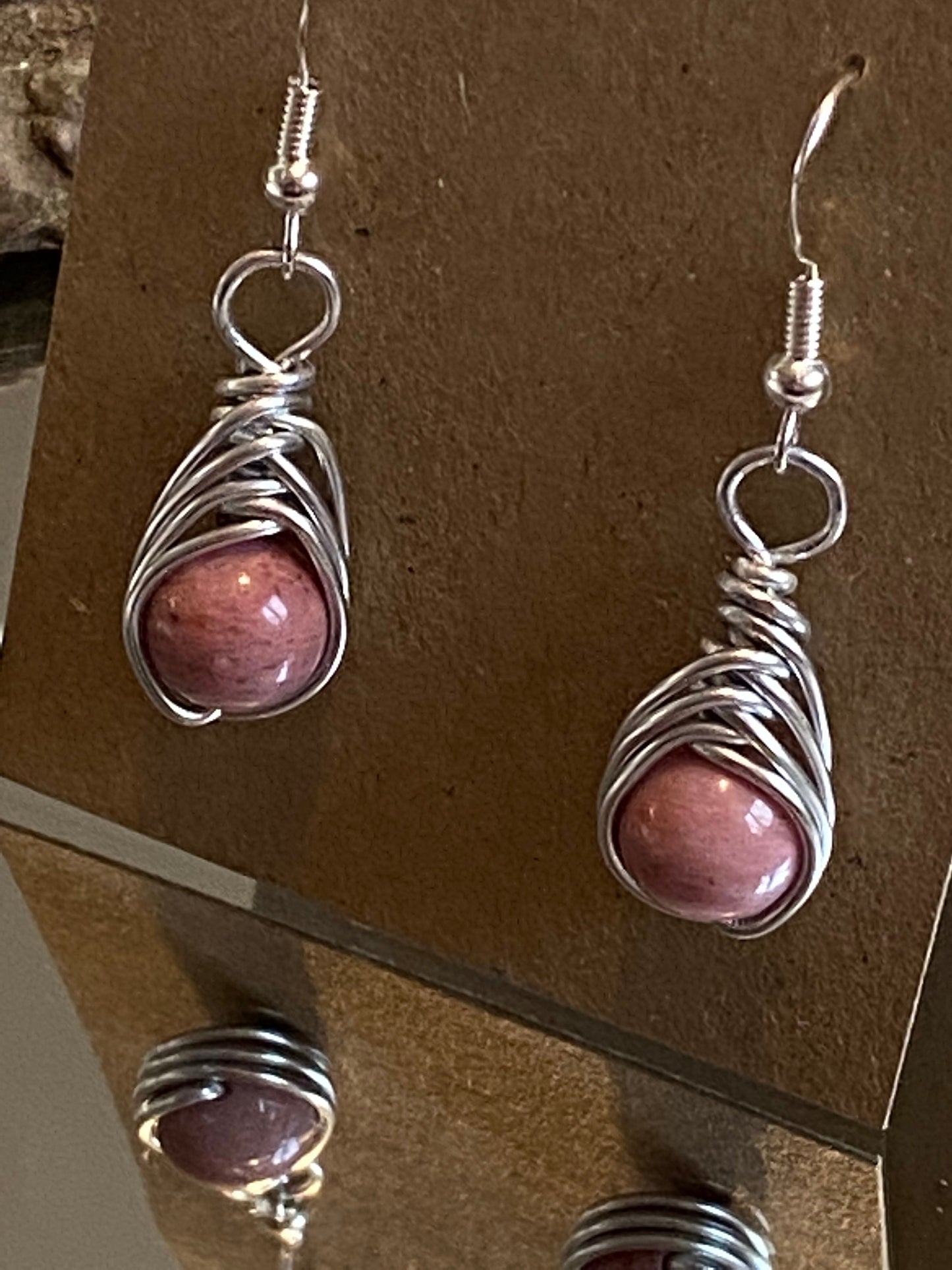 Pink Rhodonite Gemstone and Silver Herringbone Wrapped Crystal Earrings, Unique Handmade Gift,