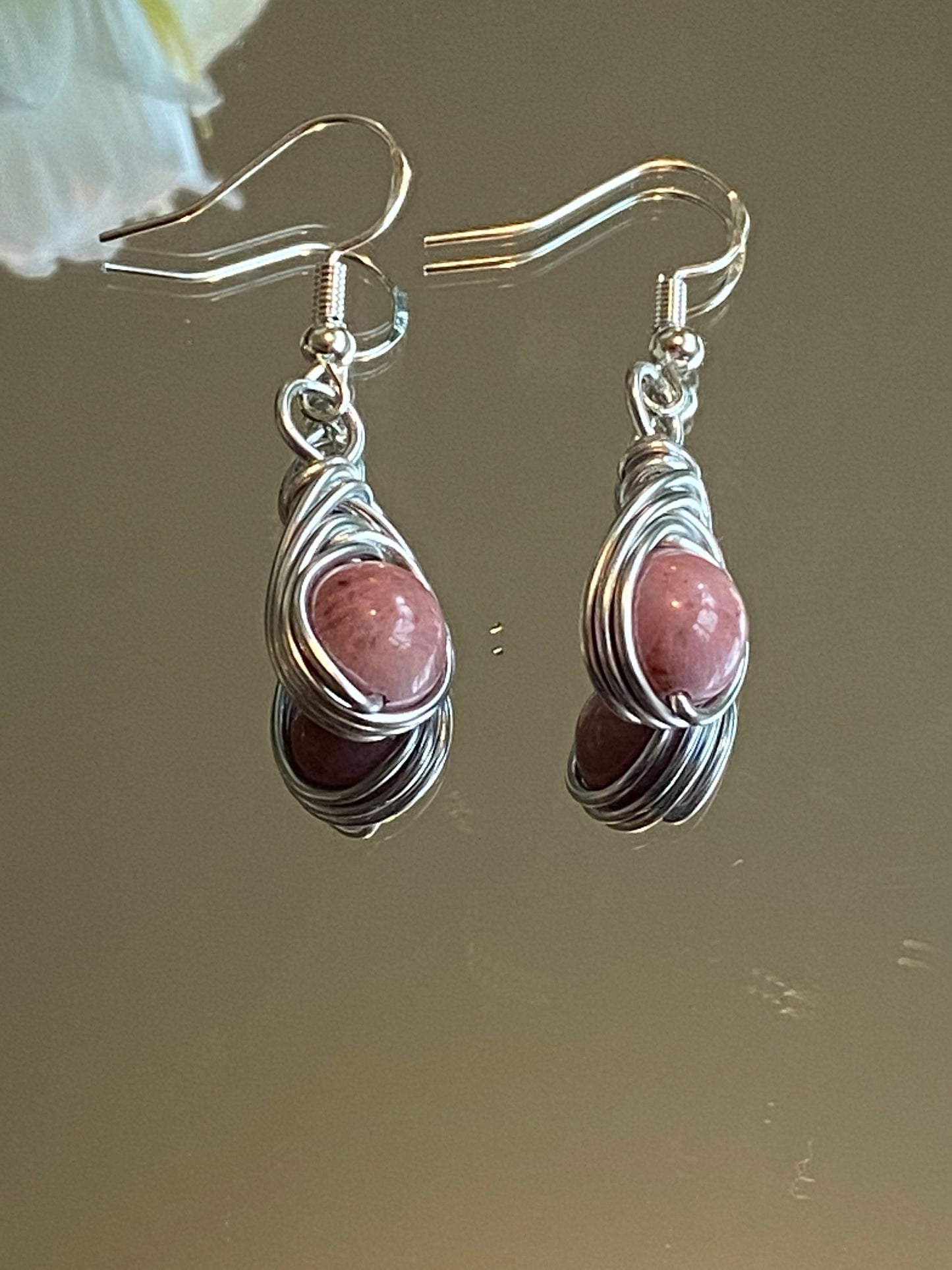 Pink Rhodonite Gemstone and Silver Herringbone Wrapped Crystal Earrings, Unique Handmade Gift,