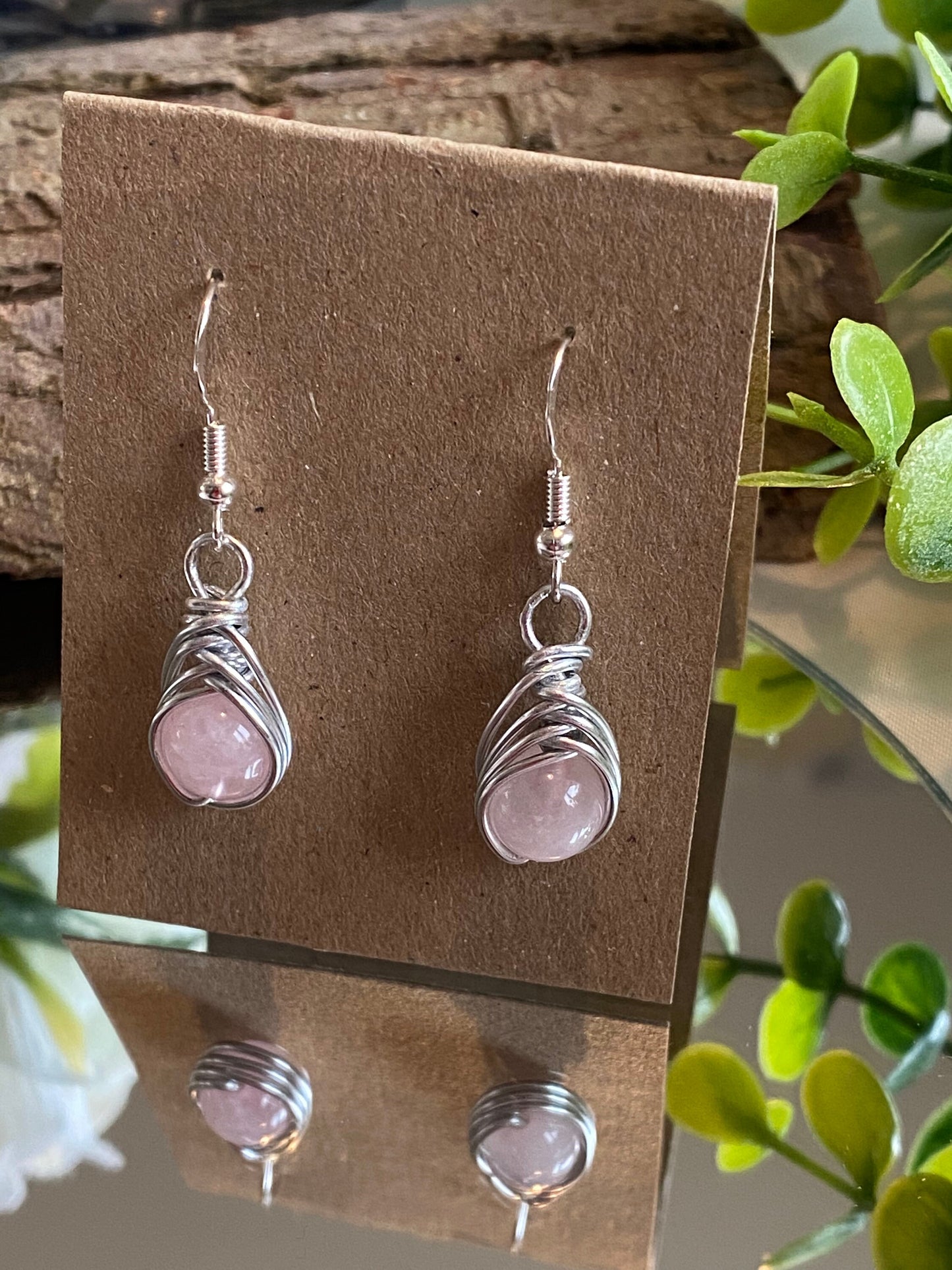 Rose Quartz Gemstone and Silver Herringbone Wrapped Crystal Earrings, October Birthstone Earrings, Unique Handmade Gift,