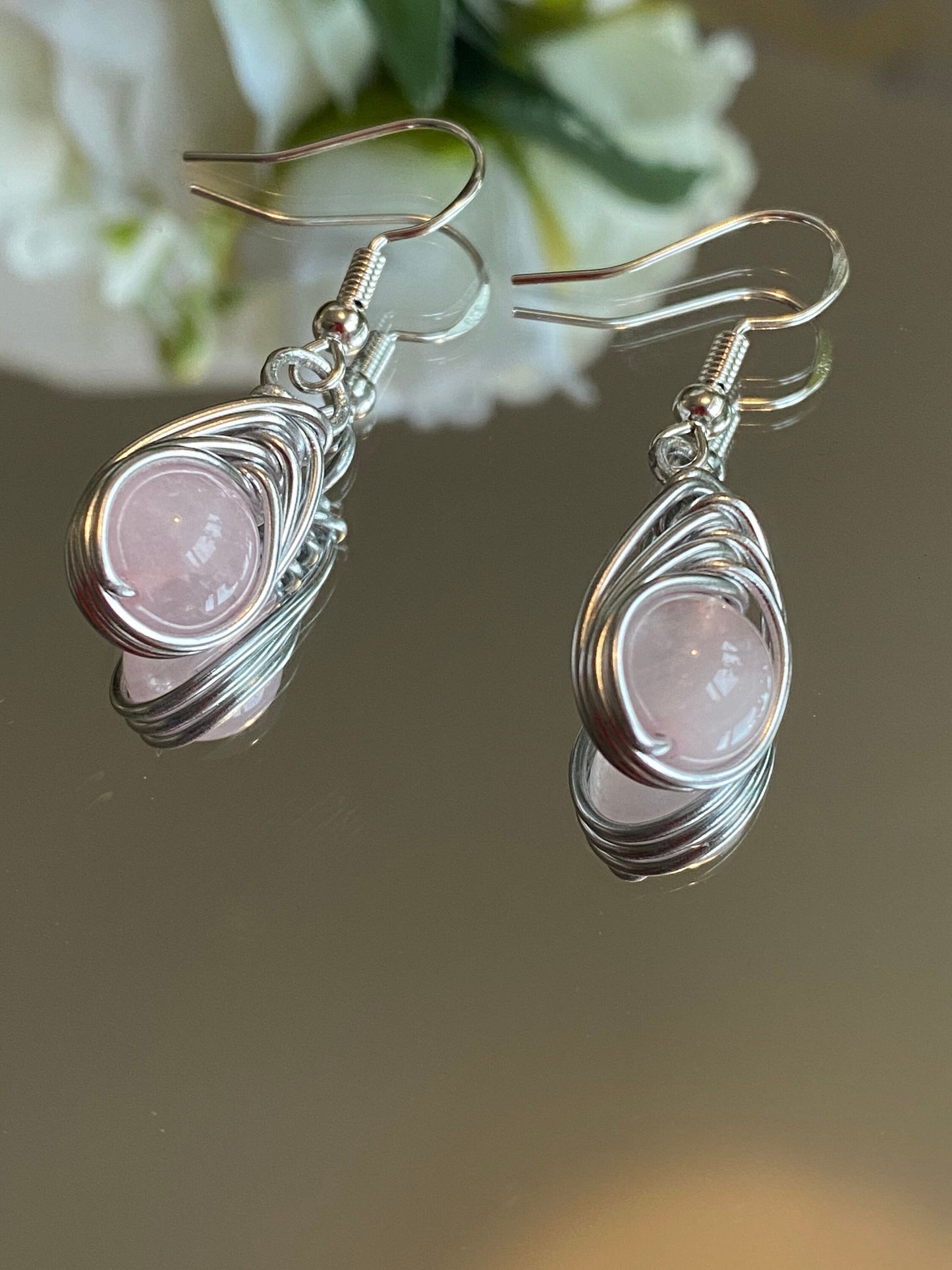 Rose Quartz Gemstone and Silver Herringbone Wrapped Crystal Earrings, October Birthstone Earrings, Unique Handmade Gift,