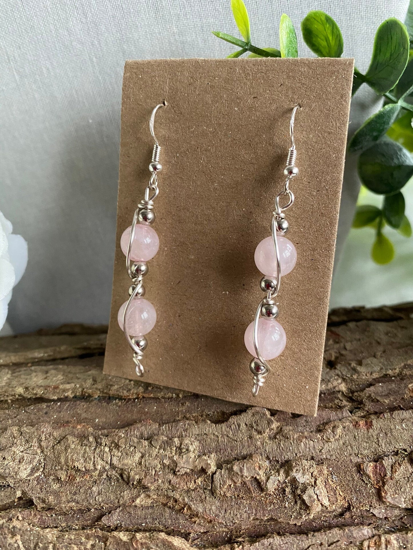 Rose Quartz Gemstone Silver Wrapped Crystal Earrings, Unique Handmade Earrings,