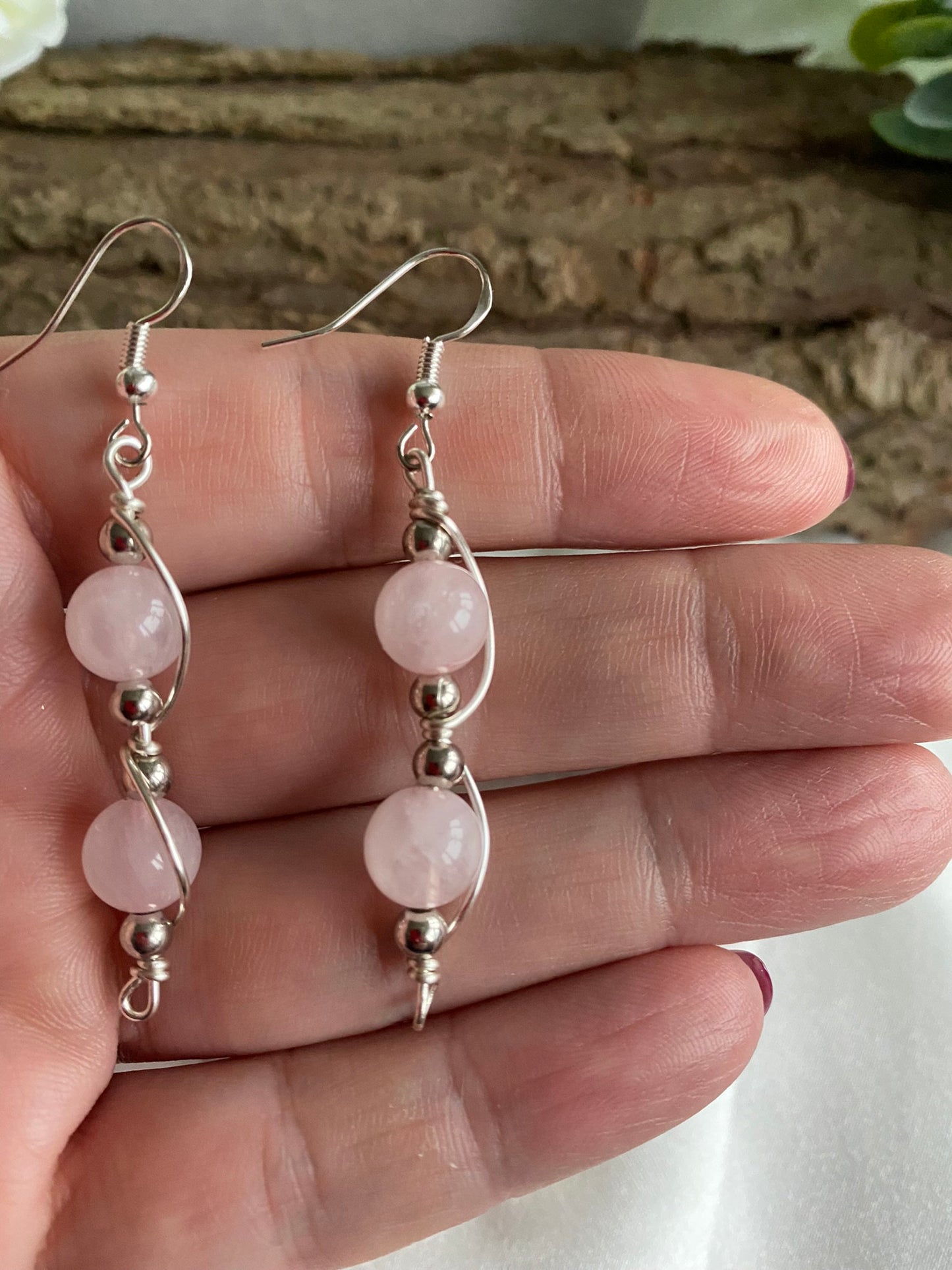 Rose Quartz Gemstone Silver Wrapped Crystal Earrings, Unique Handmade Earrings,