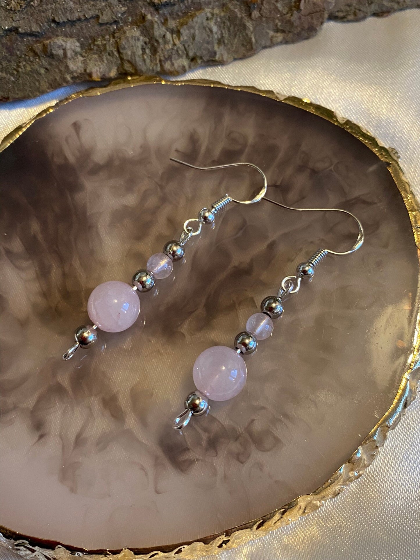 Pink Rose Quartz Gemstone and Silver Crystal  Earrings, Unique Handmade Gift,