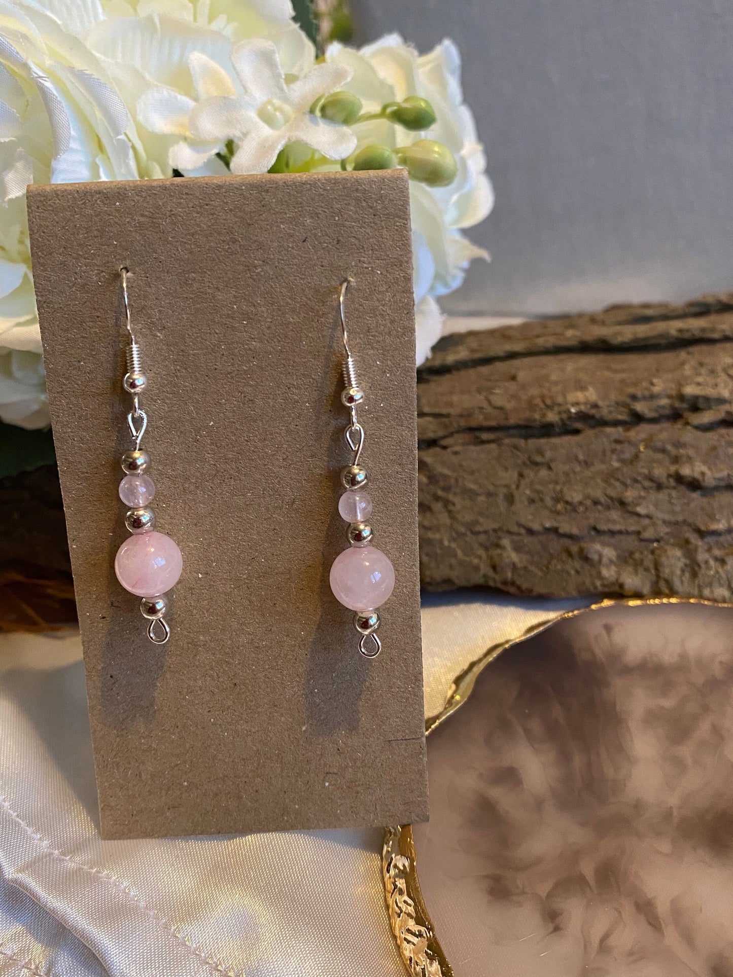 Pink Rose Quartz Gemstone and Silver Crystal  Earrings, Unique Handmade Gift,