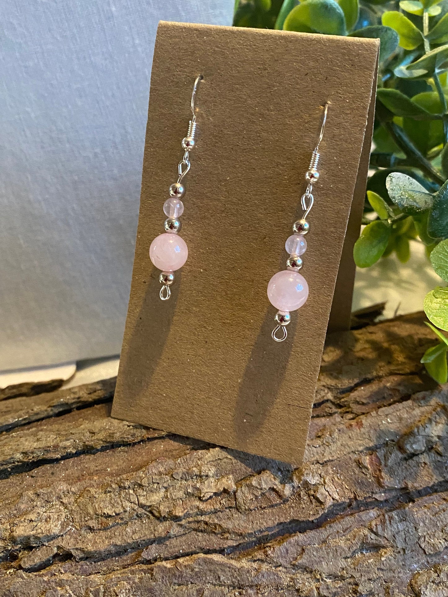 Pink Rose Quartz Gemstone and Silver Crystal  Earrings, Unique Handmade Gift,