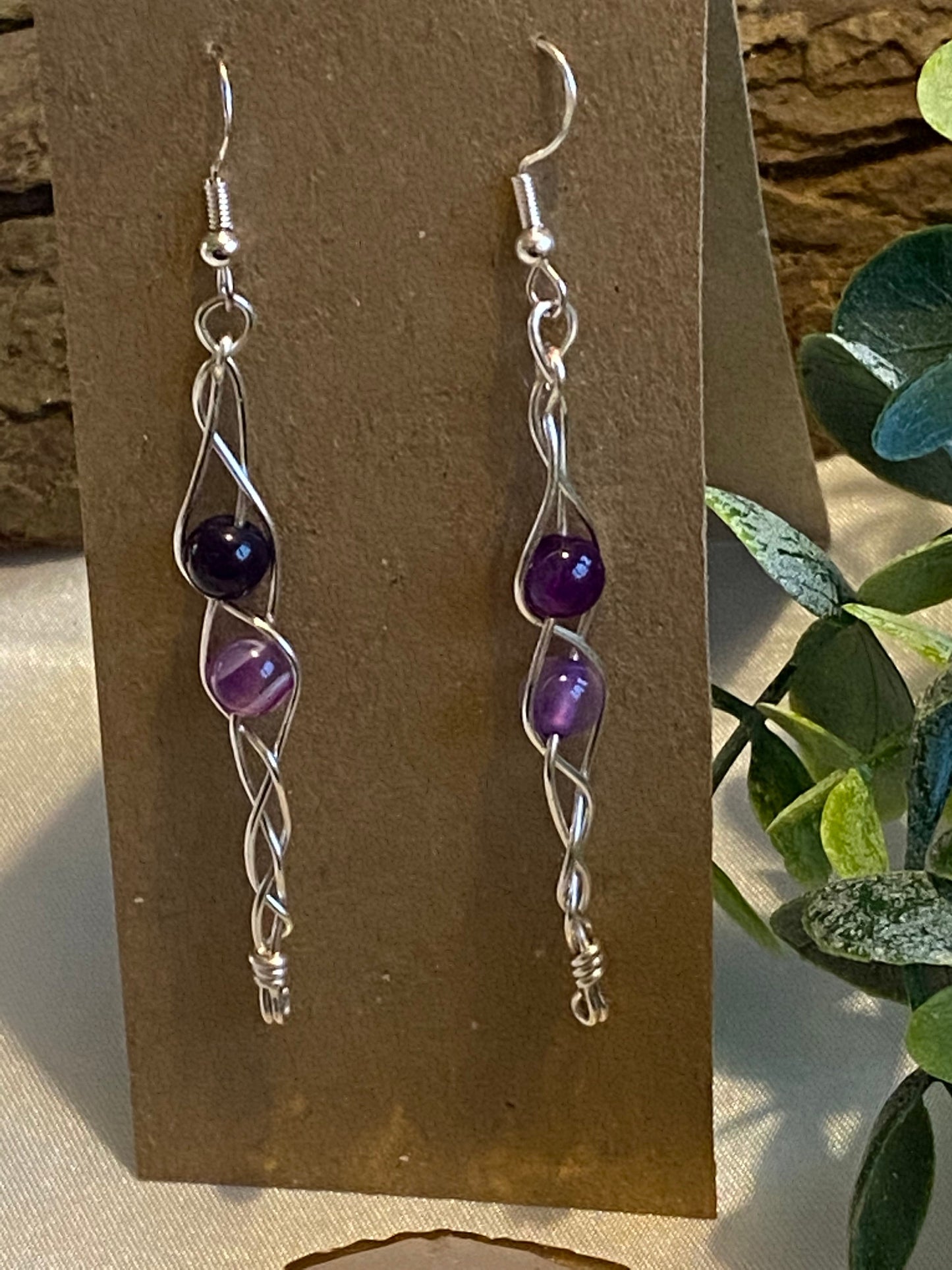 Purple Lace Agate Gemstone Wire Braided Silver Crystal Earrings, Unique Handmade Gift,