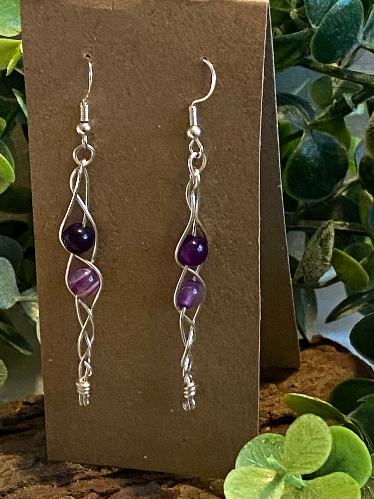 Purple Lace Agate Gemstone Wire Braided Silver Crystal Earrings, Unique Handmade Gift,