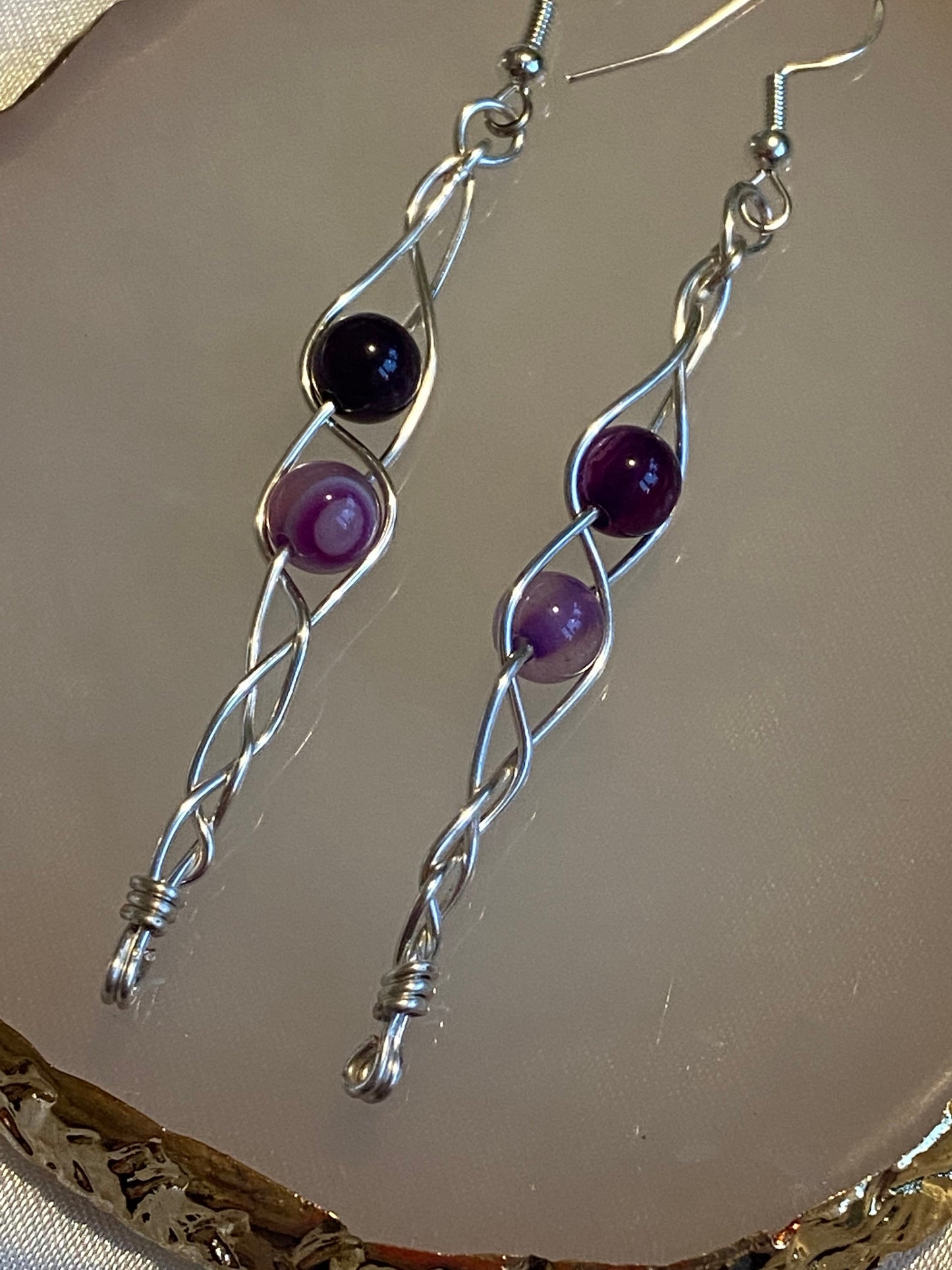 Purple Lace Agate Gemstone Wire Braided Silver Crystal Earrings, Unique Handmade Gift,