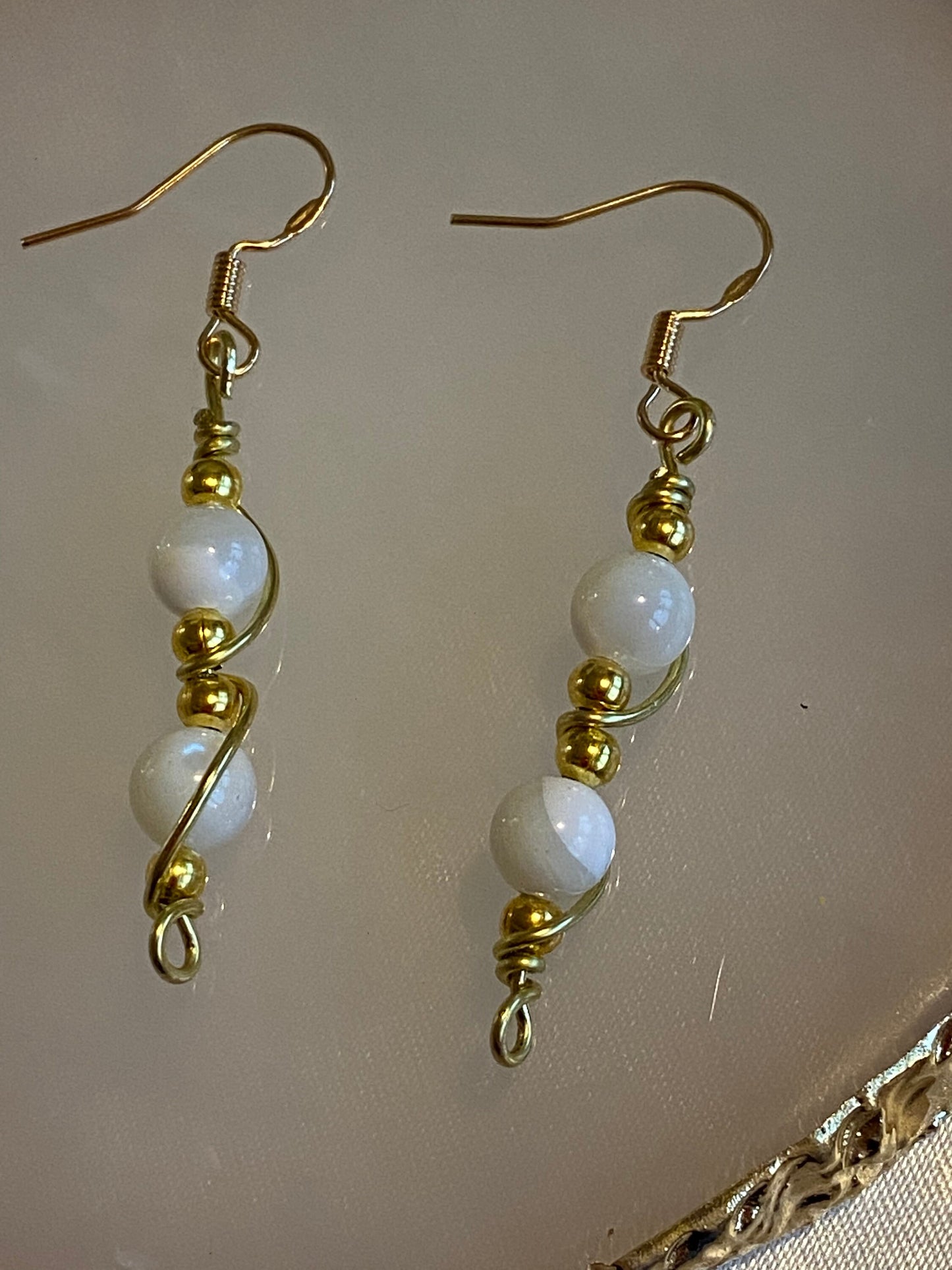 Mother of Pearl Gemstone and Gold Wrapped Crystal Earrings, Unique Handmade Gift,