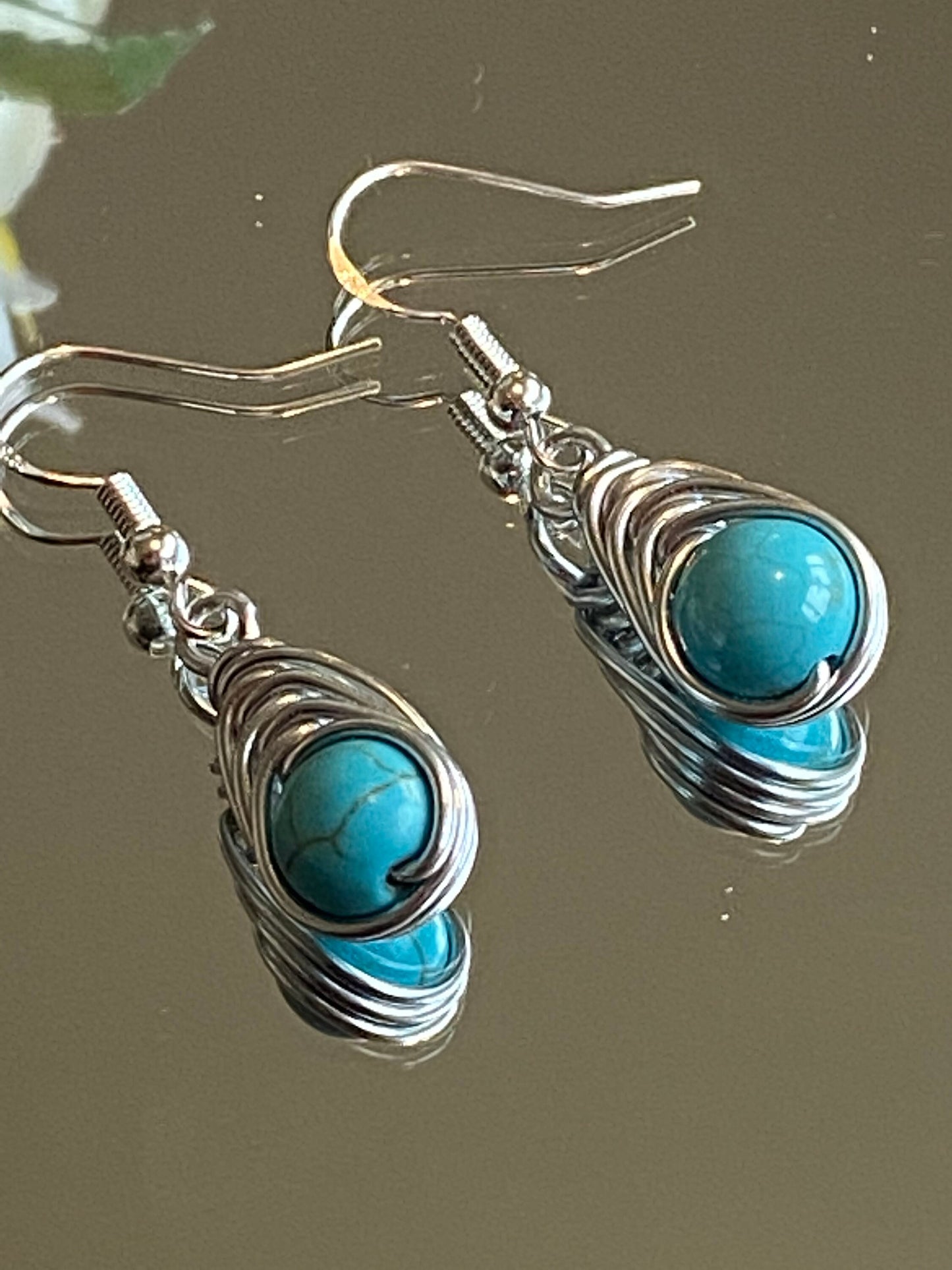 Turquoise Gemstone and Silver Herringbone Wrapped Crystal Earrings, December Birthstone, Unique Handmade Earrings,