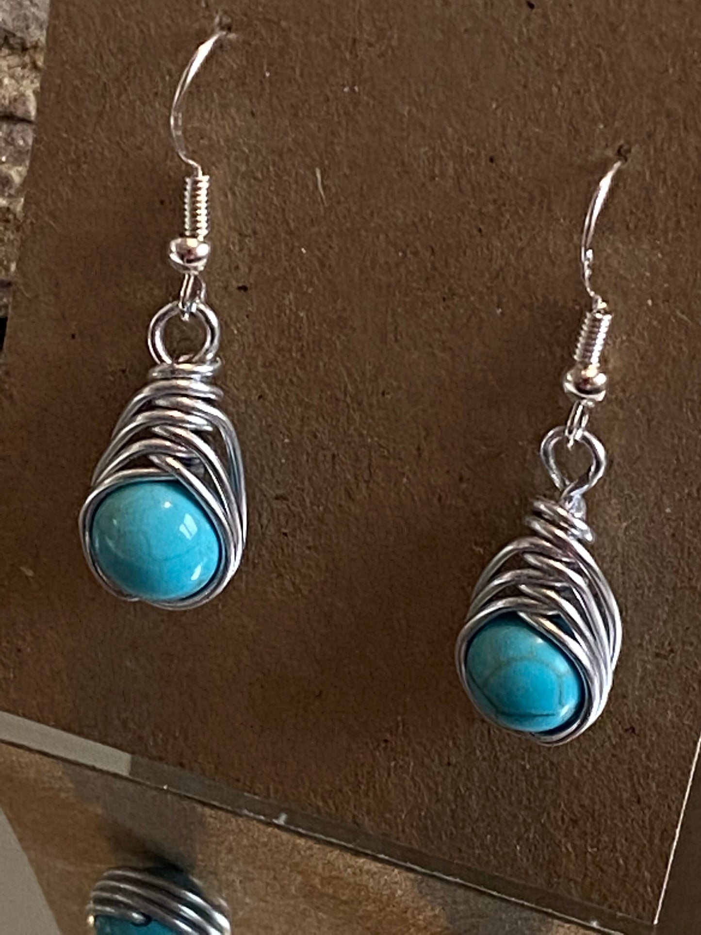 Turquoise Gemstone and Silver Herringbone Wrapped Crystal Earrings, December Birthstone, Unique Handmade Earrings,