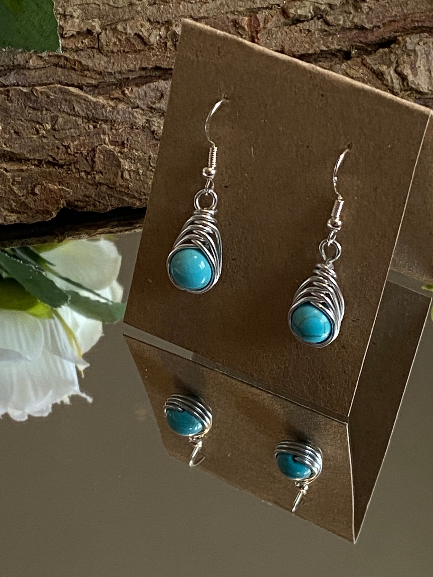 Turquoise Gemstone and Silver Herringbone Wrapped Crystal Earrings, December Birthstone, Unique Handmade Earrings,