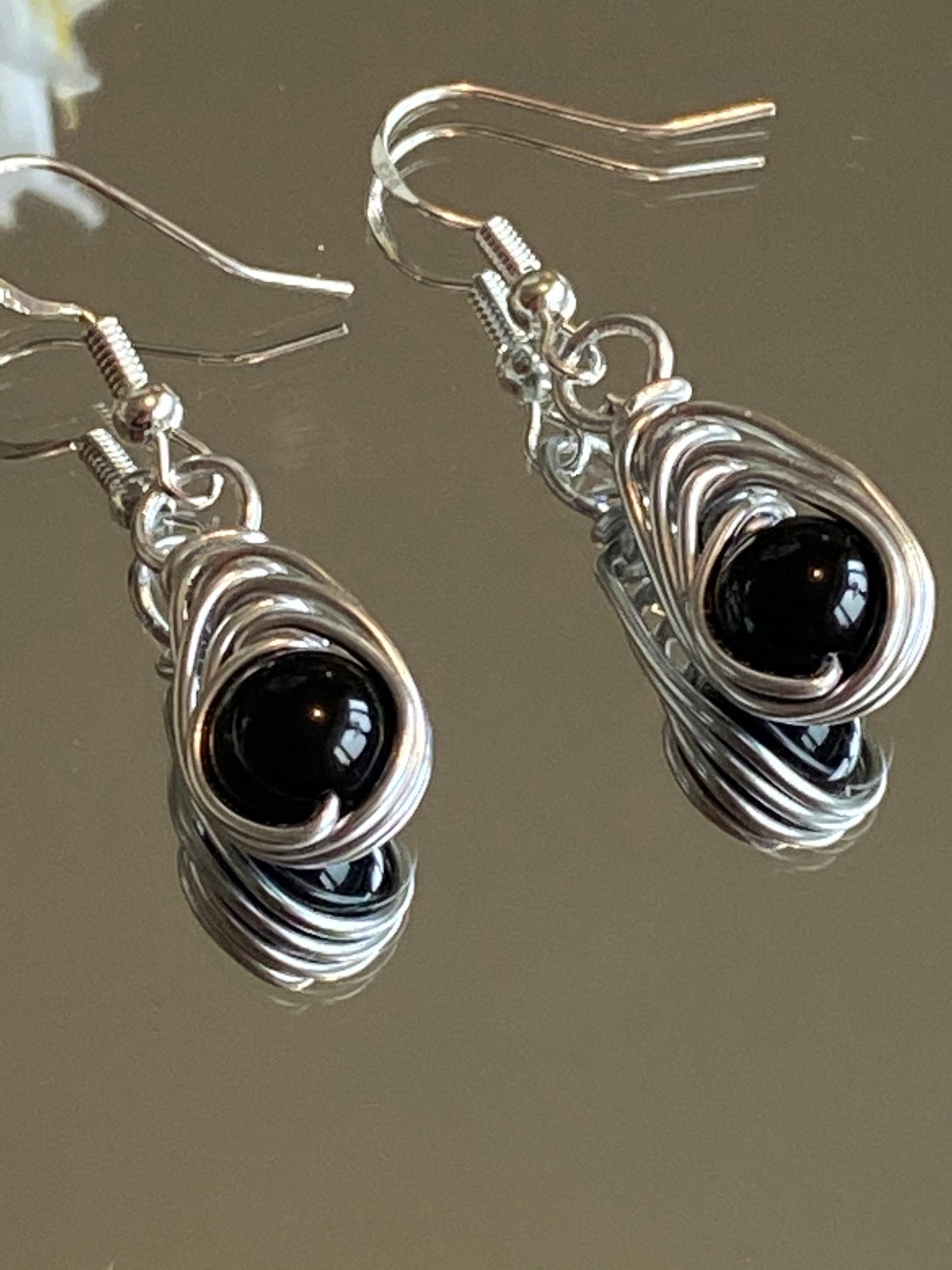 Onyx Gemstone and Silver Herringbone Wrapped Crystal Earrings, Unique Handmade Gift,