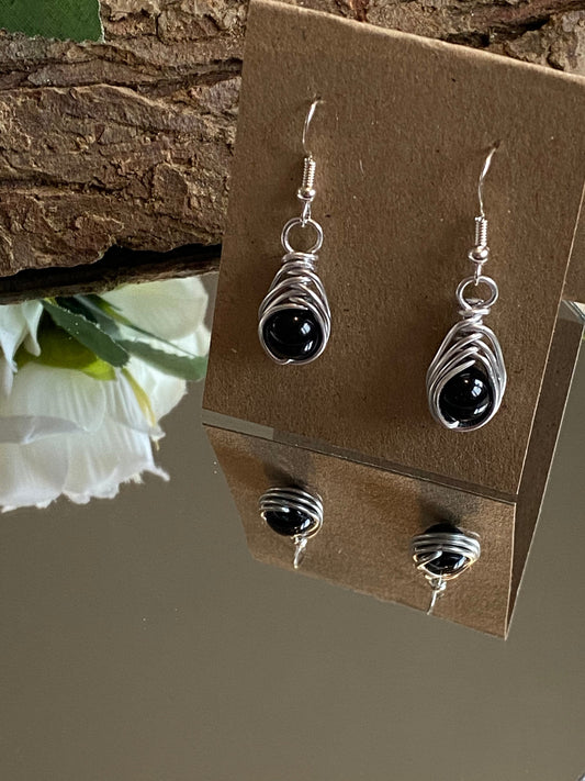 Onyx Gemstone and Silver Herringbone Wrapped Crystal Earrings, Unique Handmade Gift,